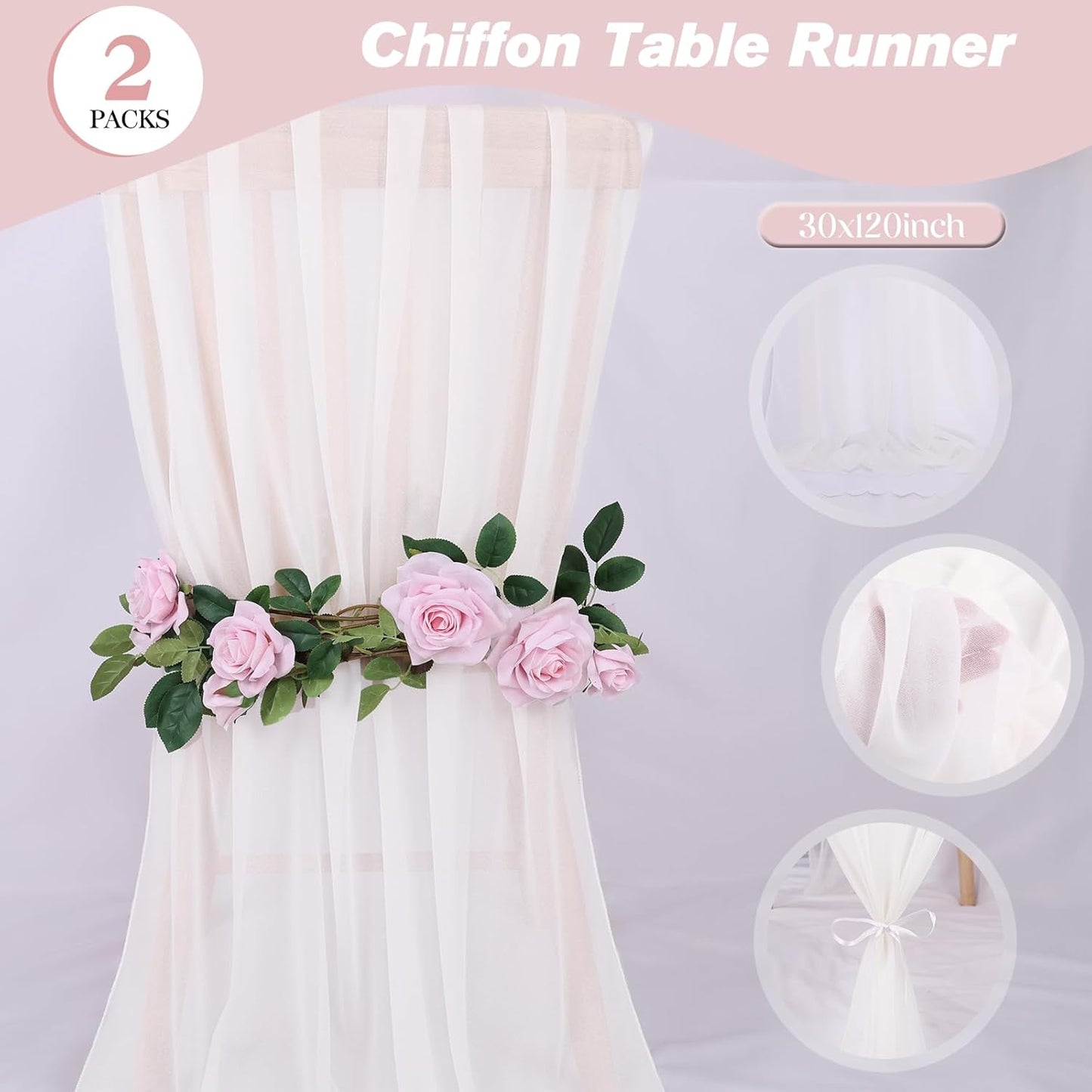 2 Packs 10ft White Chiffon Table Runner 30 x 120 Inches Romantic Sheer Table Runners for Wedding Party Bridal Baby Shower Birthday Holiday Decorations