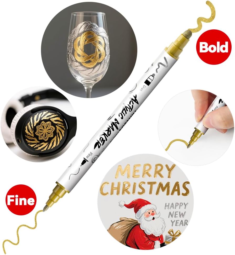 TRANSON 3 Gold, 3 Silver, 1 Black and 1 White Paint Markers Bold and Fine Dual-tip Acrylic Paint Marker Set for Rock Painting Glass Canvas Wood Leather Ceramic Painting