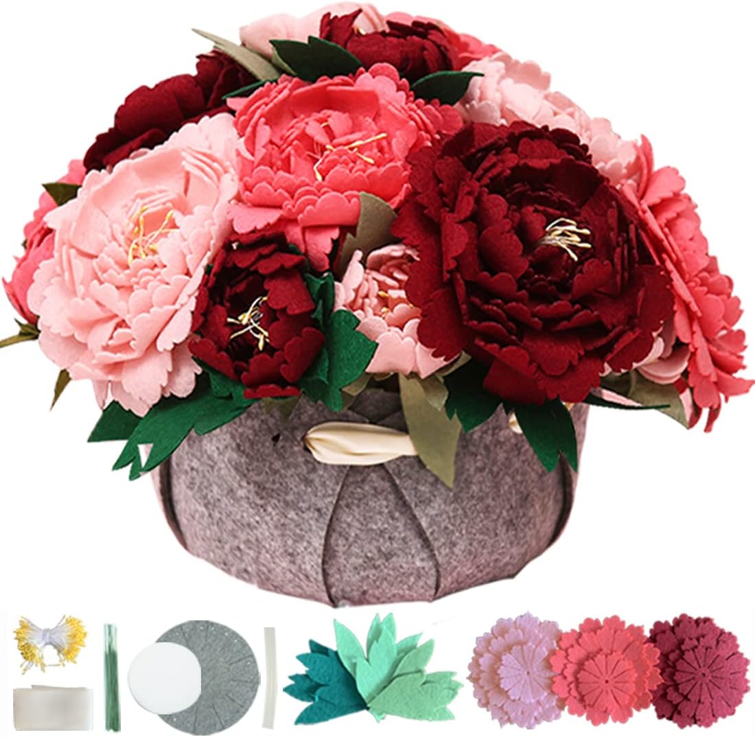 BAZIMA DIY Felt Flower Art Craft Kit, DIY Felt Peony Pot Bonsai Kit,18 Peonies,Floral Gifts