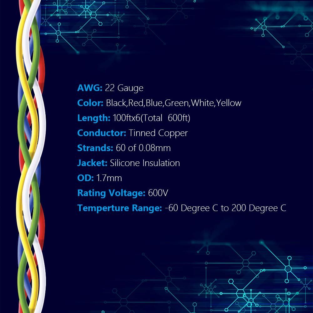 Fermerry 22 AWG Stranded Wire Spool 100ft Each 6 Colors Flexible 22 Gauge Silicone Hook up Wire Kit Electrical Tinned Copper Wire