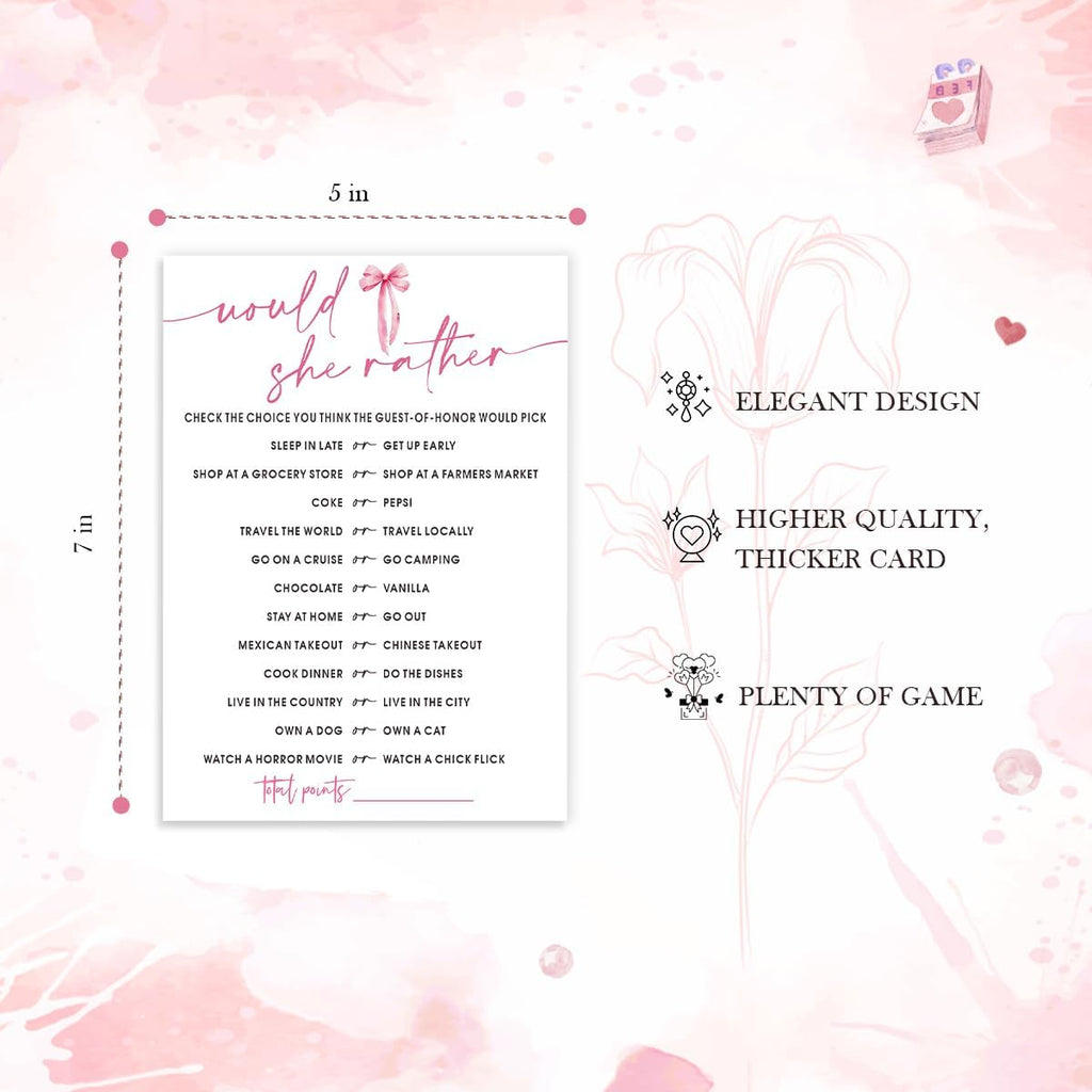 Wedding Shower Games Cards, Would She Rather Bridal Shower Game for 25 Guests, Engagement Party Wedding Games for Guests, Pink Ribbon Bow Wedding Party Supplies - E11