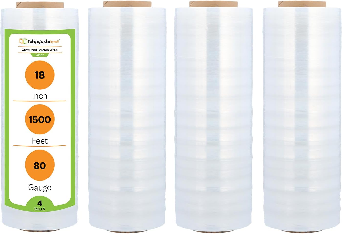 PSBM 4 Rolls 18 Inch x 1500 Feet 80 Gauge Stretch Film/Wrap Heavy Duty, Industrial Strength Clear Shrink Wrap for Shipping, Packaging, Moving, Bundling or Storage