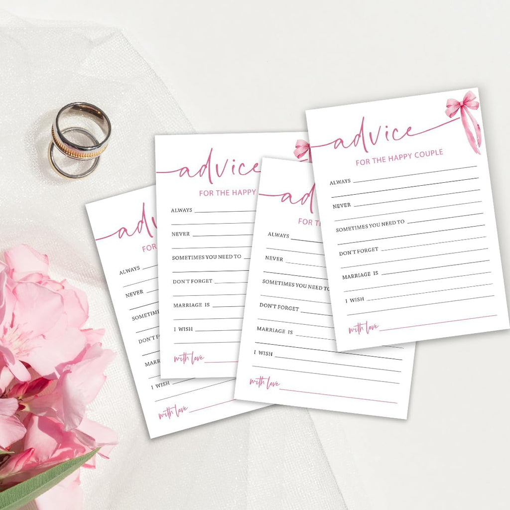 Bridal Shower Games Cards, Advice for The Happy Couple, Bridal Shower Games 25 Guests, Engagement Party Wedding Games for Guests, Pink Ribbon Bow Wedding Party Supplies - E10