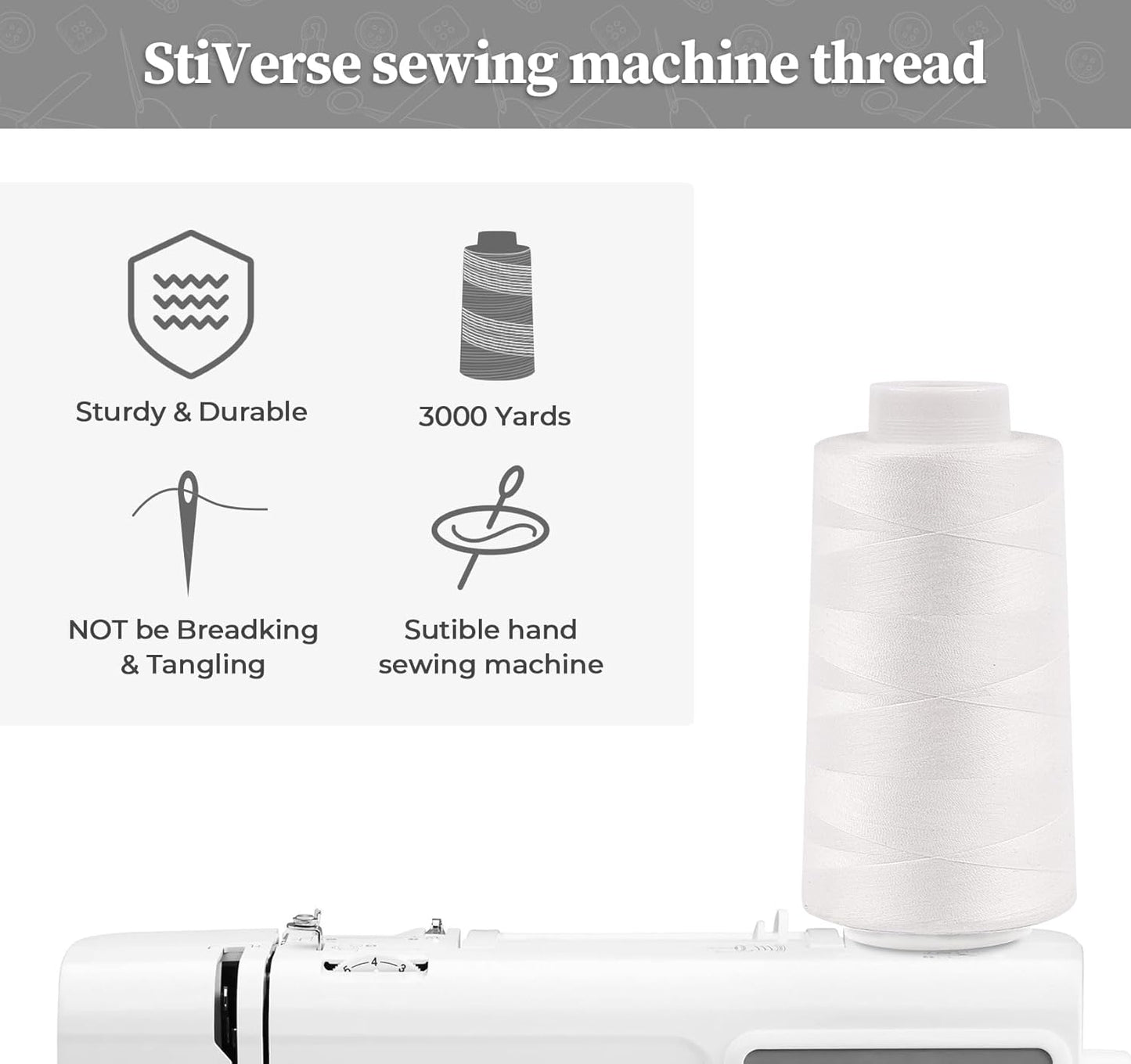 Serger Thread Cones 4 Pack of 3000 Yards Each, All Purpose White Sewing Thread, Polyester Thread 40S/2 White Thread for Sewing Serger&Overlock, Quilting, Piecing, Sewing Machine