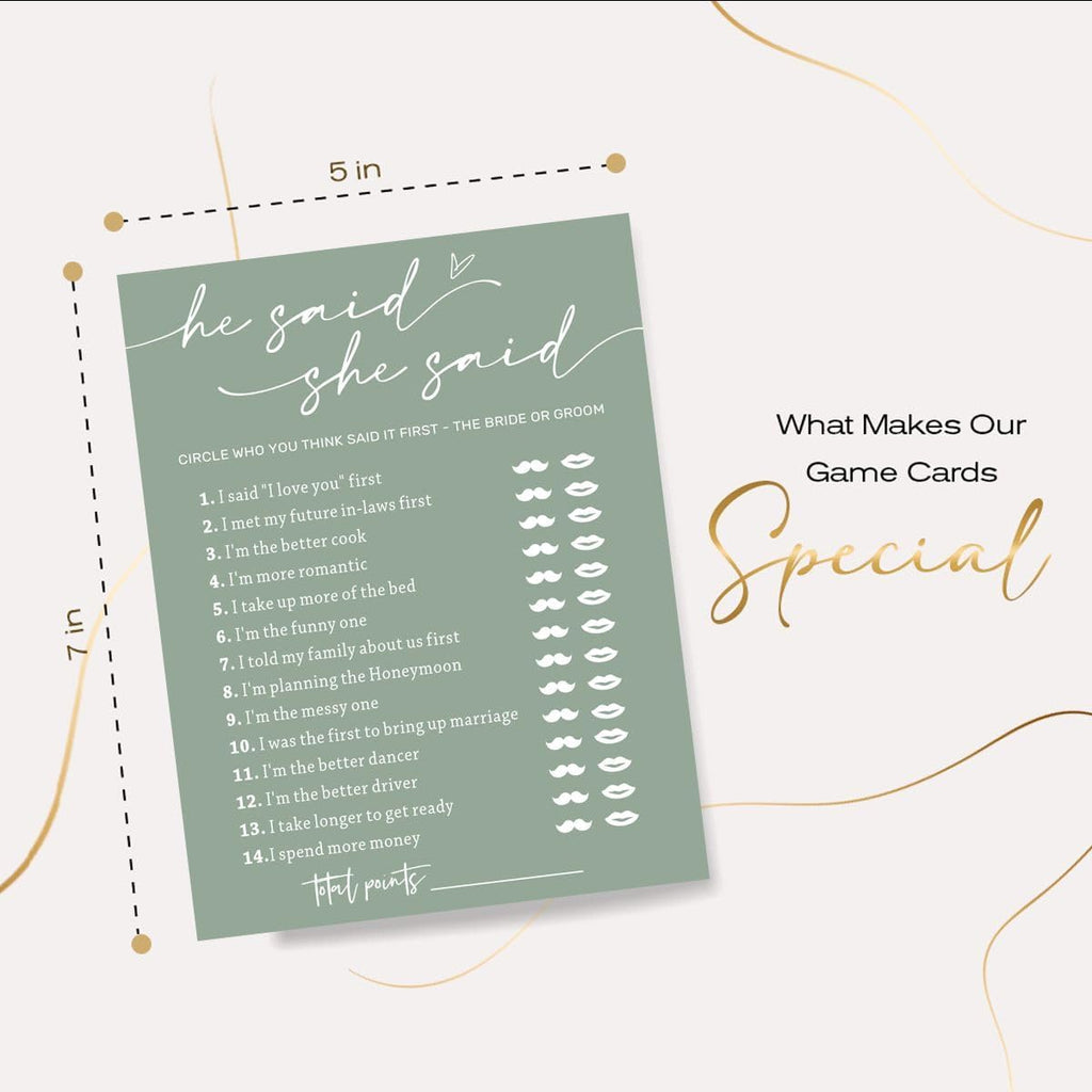 Minimalist Green Wedding Party Supplies: 25 Guest Bridal Shower Games - Engagement Party Cards