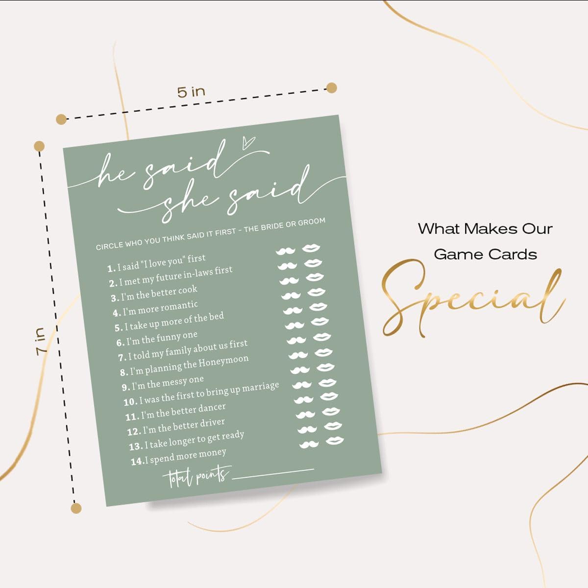 Minimalist Green Wedding Party Supplies: 25 Guest Bridal Shower Games - Engagement Party Cards