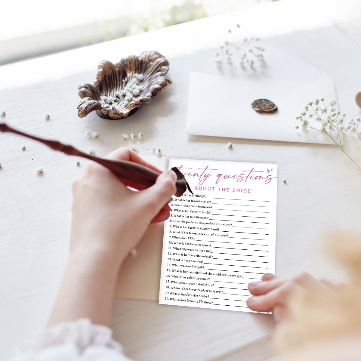 Wedding Shower Games Cards, Twenty Questions About The Bride, Bridal Shower Games 25 Guests, Engagement Party Wedding Games for Guests, Pink Ribbon Bow Wedding Party Supplies - E05