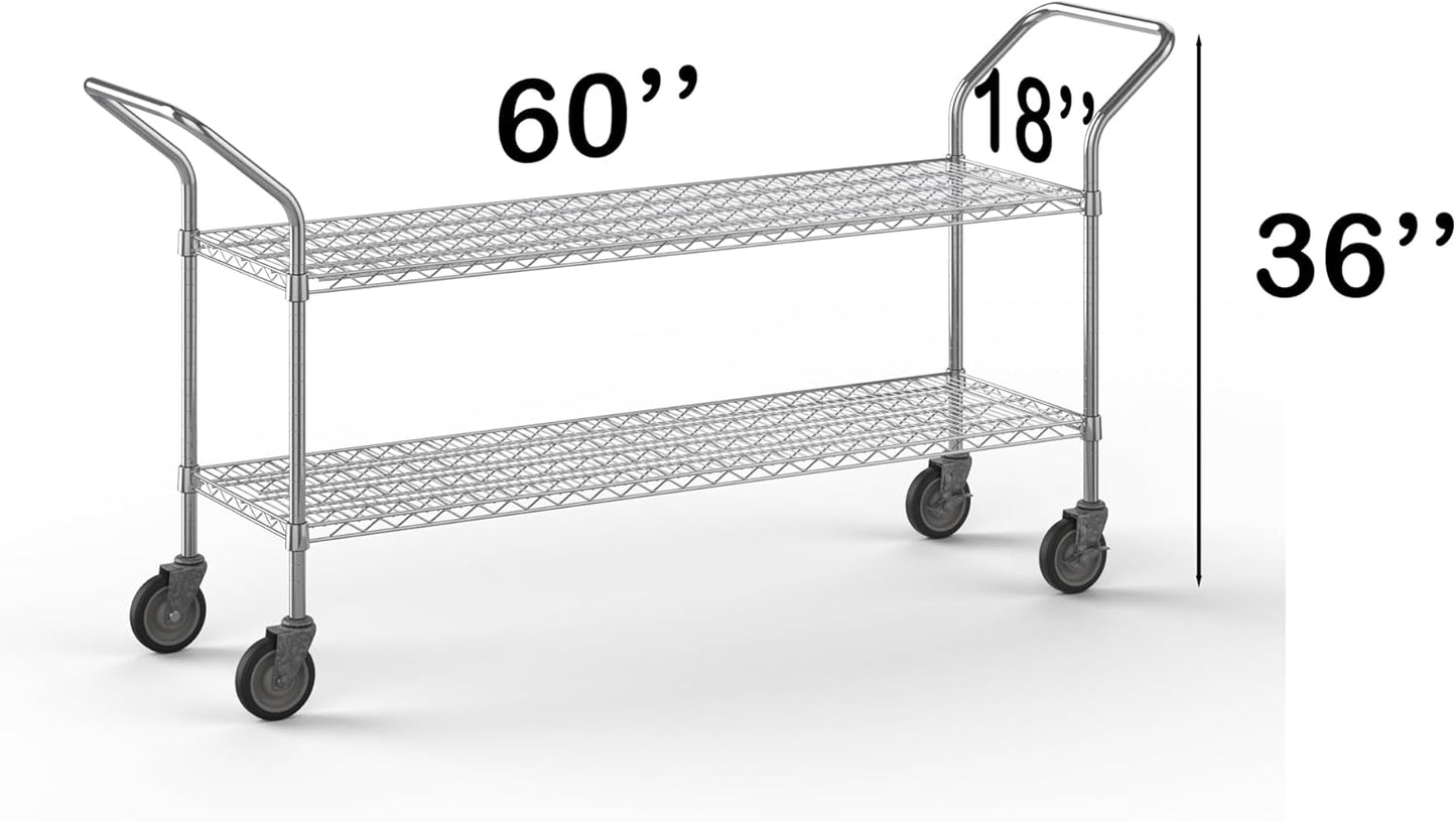 18" W x 60" L x 36" H Chrome Heavy Duty Utility Cart | 2-Tier | NSF Commercial Storage Rack Mobile Unit | Storage and Mobility Solution for Your Business