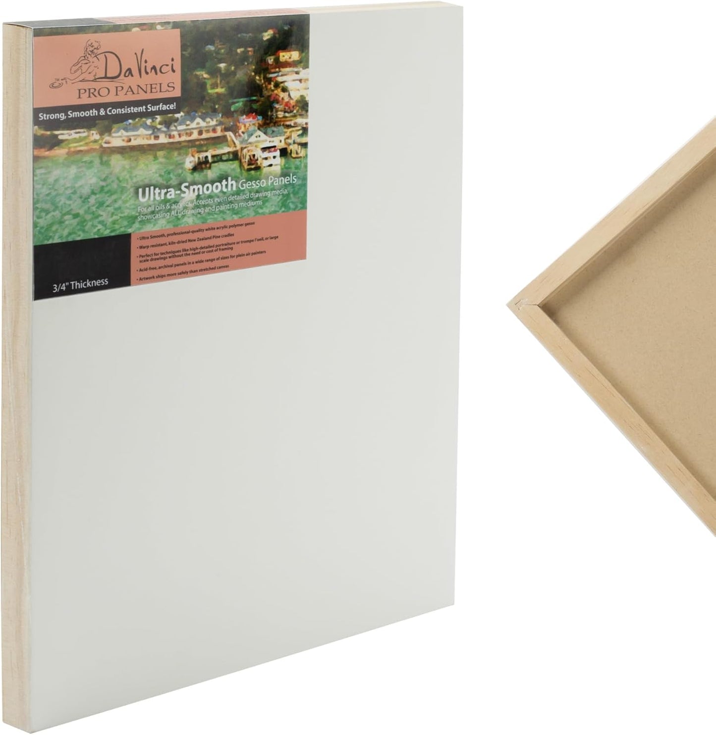 Da Vinci Pro Ultra Smooth Wood Canvas Gesso Board - 3/4" Deep, 11x14 Single White Acrylic Polymer Gesso Panels for Painting Fine Portraits and Ultra Fine Detail Illustrations and Artwork