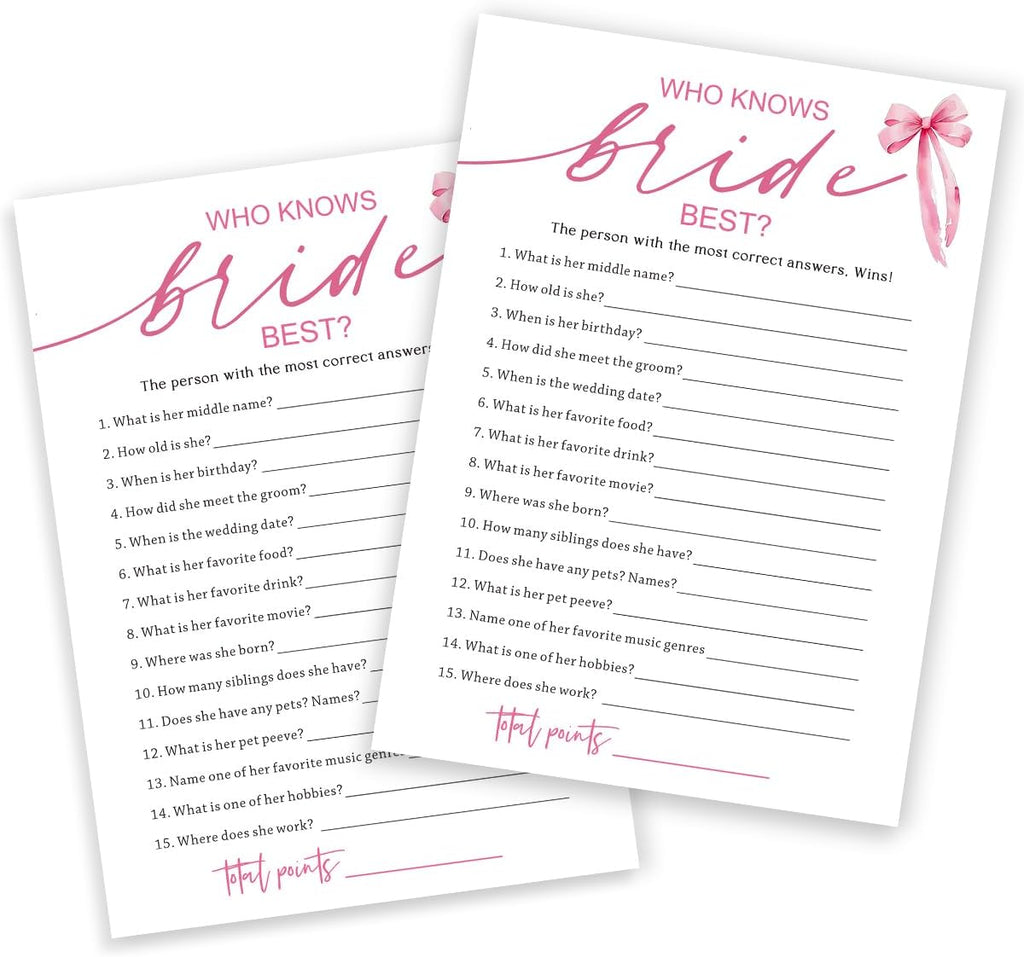 Wedding Shower Games Cards, Who Knows The Bride Best, Bridal Shower Games 25 Guests, Engagement Party Wedding Games for Guests, Pink Ribbon Bow Wedding Party Supplies - E03