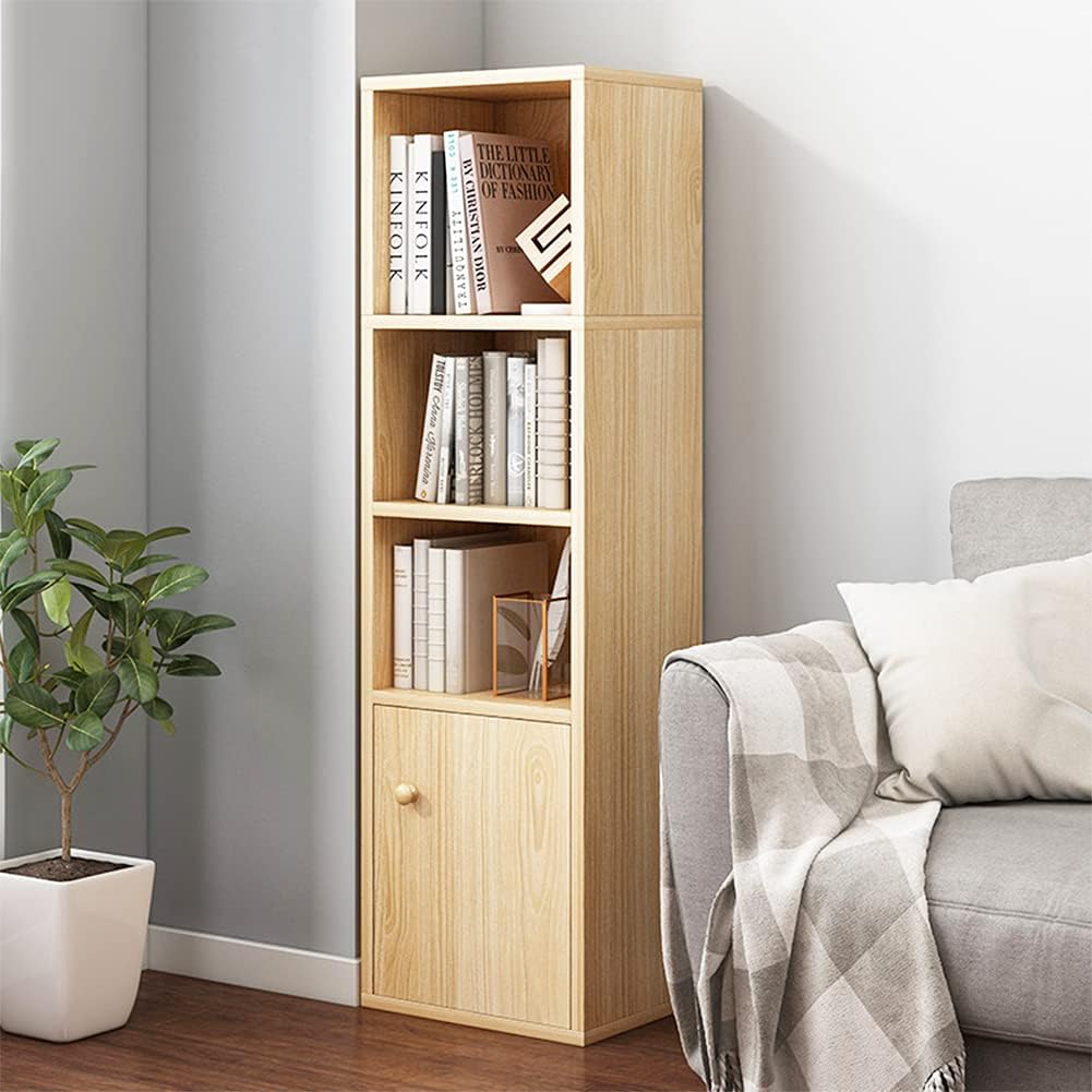 IOTXY Small Narrow Corner Bookcase - 47 Inches Tall Gap Freestanding Storage Cabinet, 4 Lattices Open Shelves Tower Rack with Door, Cubes Bookshelf in Oak