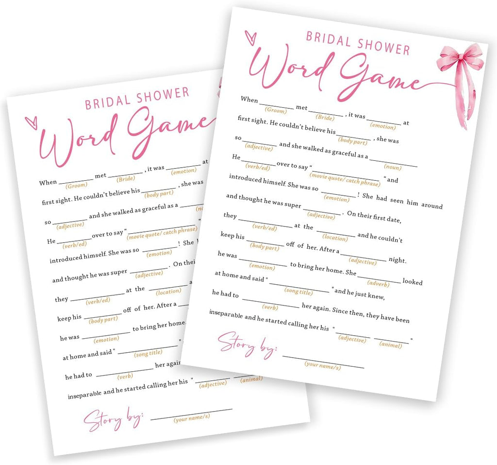 Wedding Shower Games Cards, Bridal Shower Word Game, Bridal Shower Games 25 Guests, Engagement Party Wedding Games for Guests, Pink Ribbon Bow Wedding Party Supplies - E16