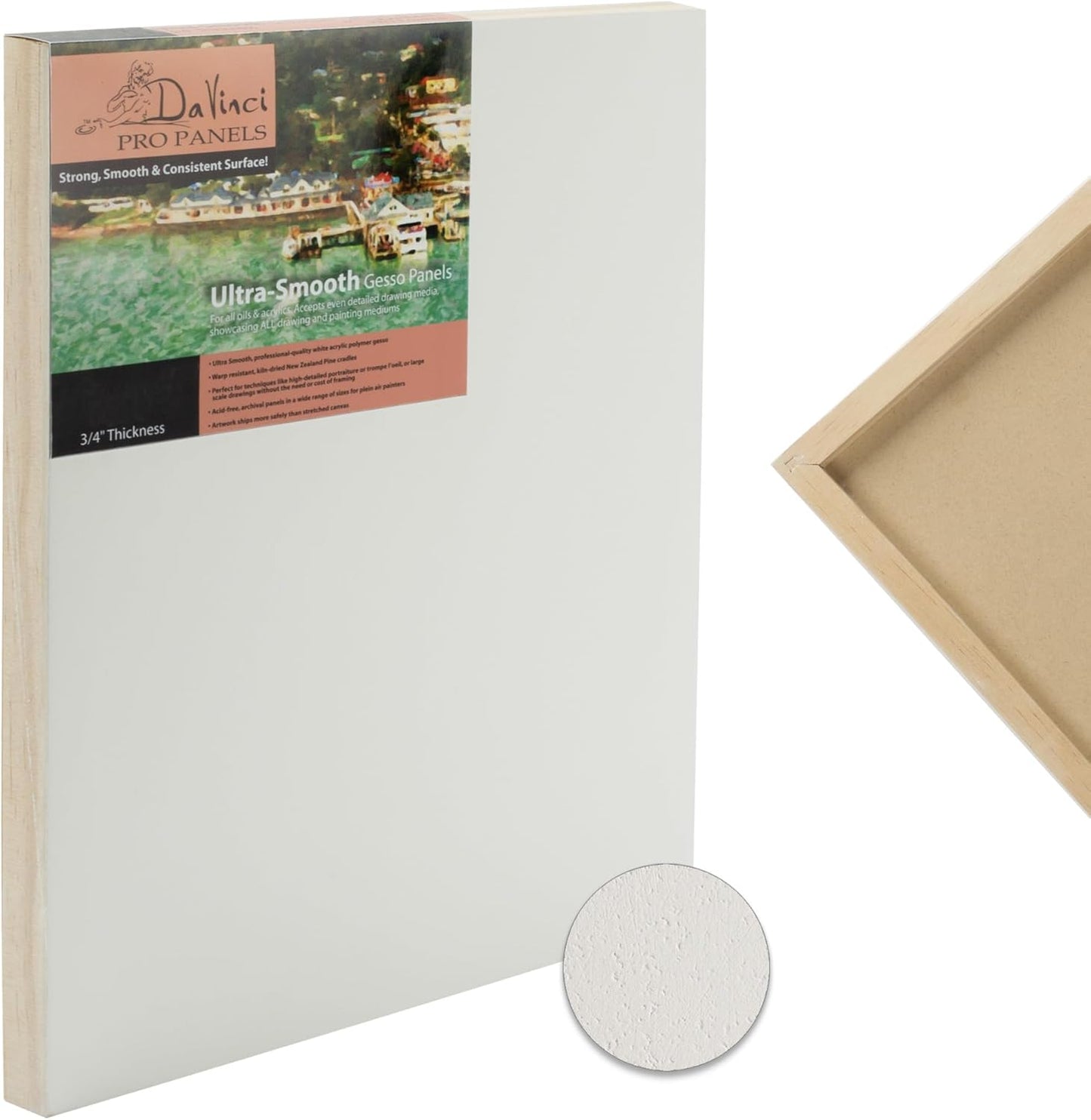 Da Vinci Pro Ultra Smooth Wood Canvas Gesso Board - 3/4" Deep, 8x10 Single White Acrylic Polymer Gesso Panels for Painting Fine Portraits and Ultra Fine Detail Illustrations and Artwork