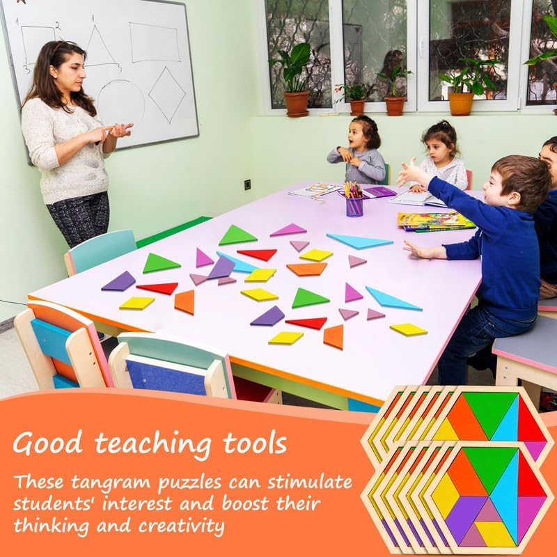 Meooeck 12 Pack Tangrams Wooden Puzzles Tangrams Classroom Set for Kids Shape Puzzles Brain Logic Blocks for Games Educational Gifts for Adults Kids Ages 4-8 8-12(Hexagon Style)