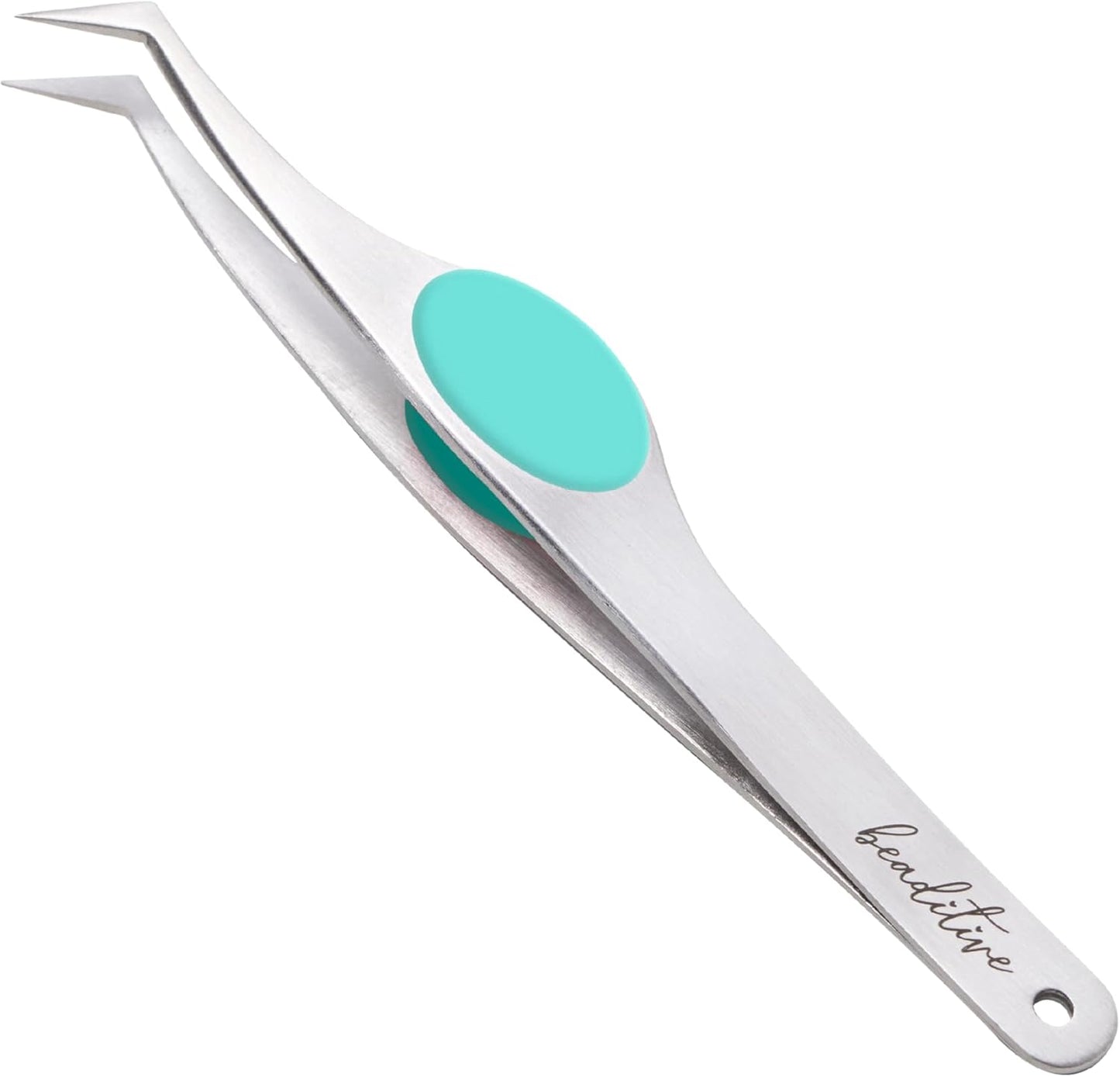 Beaditive High Precision Angled Tip Tweezers with Cushion Grip - 4.7" Craft Tweezers for Sewing, Beading & DIY Crafts - Non-Serrated Jewelry Tweezers with Fine Angled Tips - Stainless Steel (Teal)