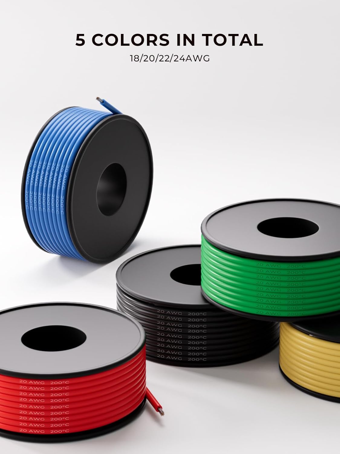 20 AWG Silicone Wire Kit 150FT, 20 Gauge Stranded Tinned Copper Wire Spool, 5 Colors 30FT Each,Flexible Electrical Wire for DIY, Automotive, LED, Arduino, Battery Projects