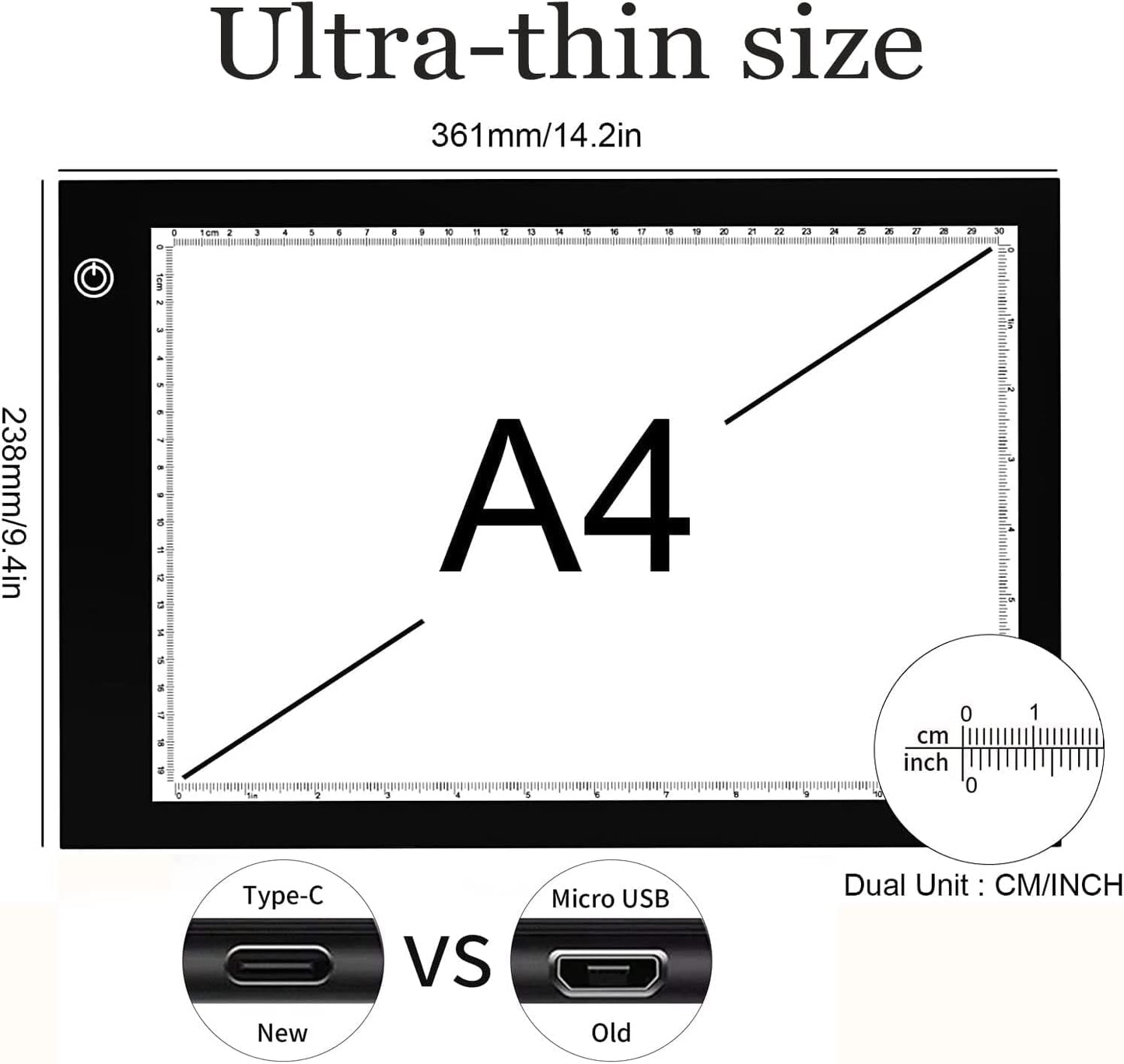 Light Box Drawing Pad, Tracing Board with Type-C Charge Cable and Brightness Adjustable for Artists, AnimationDrawing, Sketching, Animation, X-ray Viewing (A4) Not Rechargeable