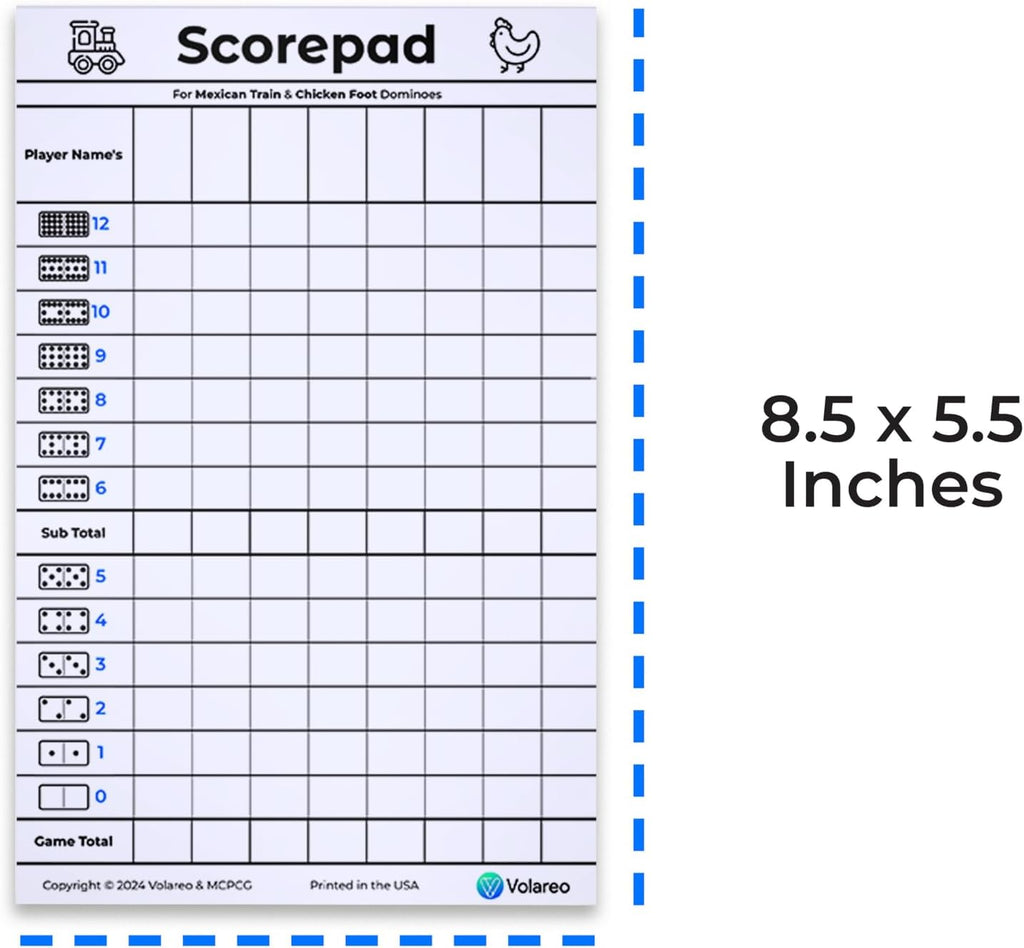Mexican Train and Chicken Foot Dominoes Score Pad - 100 Scoring Sheets per Scorepad, 8.5 x 5.5 Inches - Score Sheets for Double 12 Domino Sets, White, VO-320