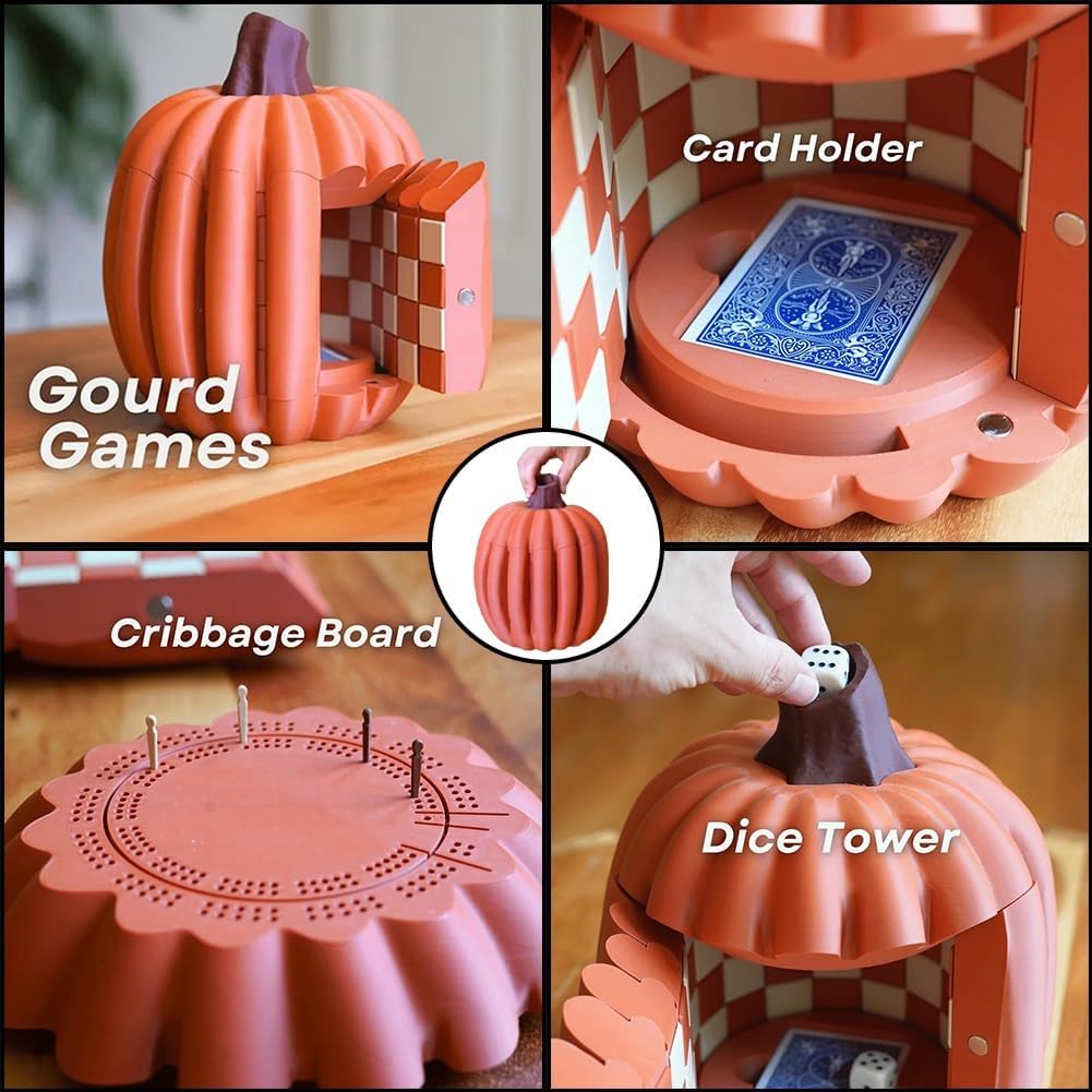Pumpkin Game Set: Magnetic Chess Checkers, Dice Tower, Cribbage, Card Holder, Forgecore Gourd Games, Gourd Gambit Pumpkin Chess Expansion Pack, 3D Printing Portable Adult Pumpkins Board Game Set(2#2)