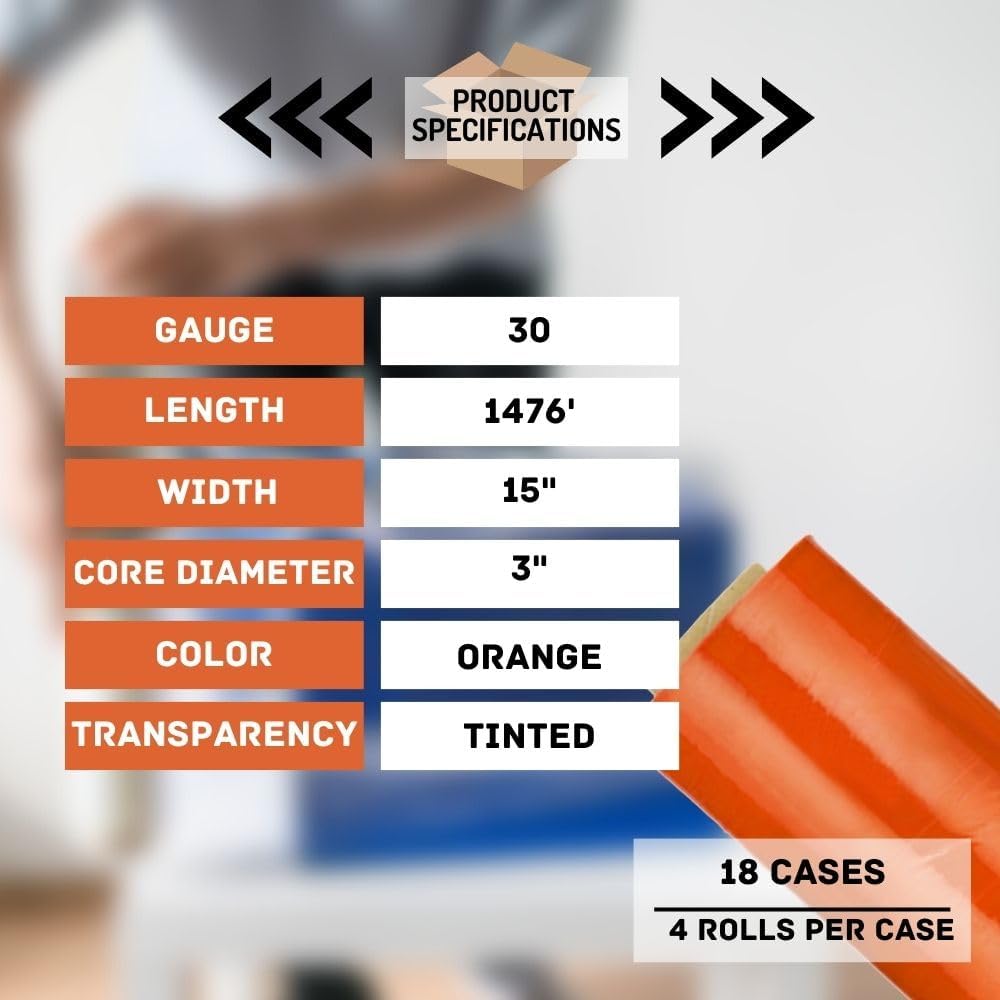 PSBM Orange Stretch Wrap, 15 Inch x 1476 Feet, 72 Pack, Tinted Pre-Stretched Shrink Wrap Film for Moving, Packaging, Pallet Wrapping