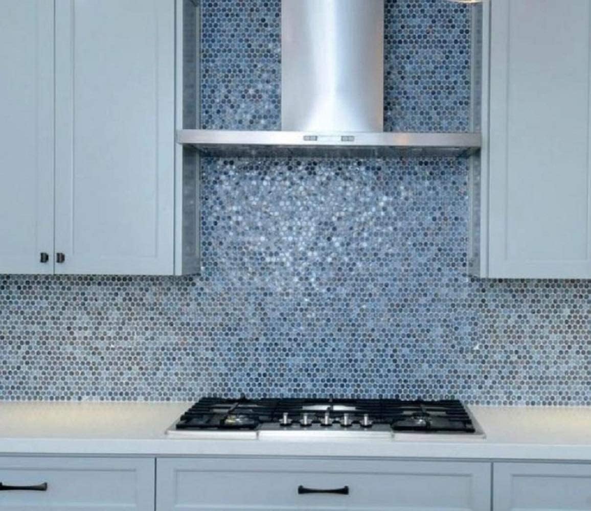 Denim Blue Penny Round Mosaic Glass Tile – Sample Swatch- 4"x5" - Luxurious Design for Bathroom Walls, Kitchen Backsplash, Shower Walls - Elegant Wall Decor - NOT Peel and Stick Tile