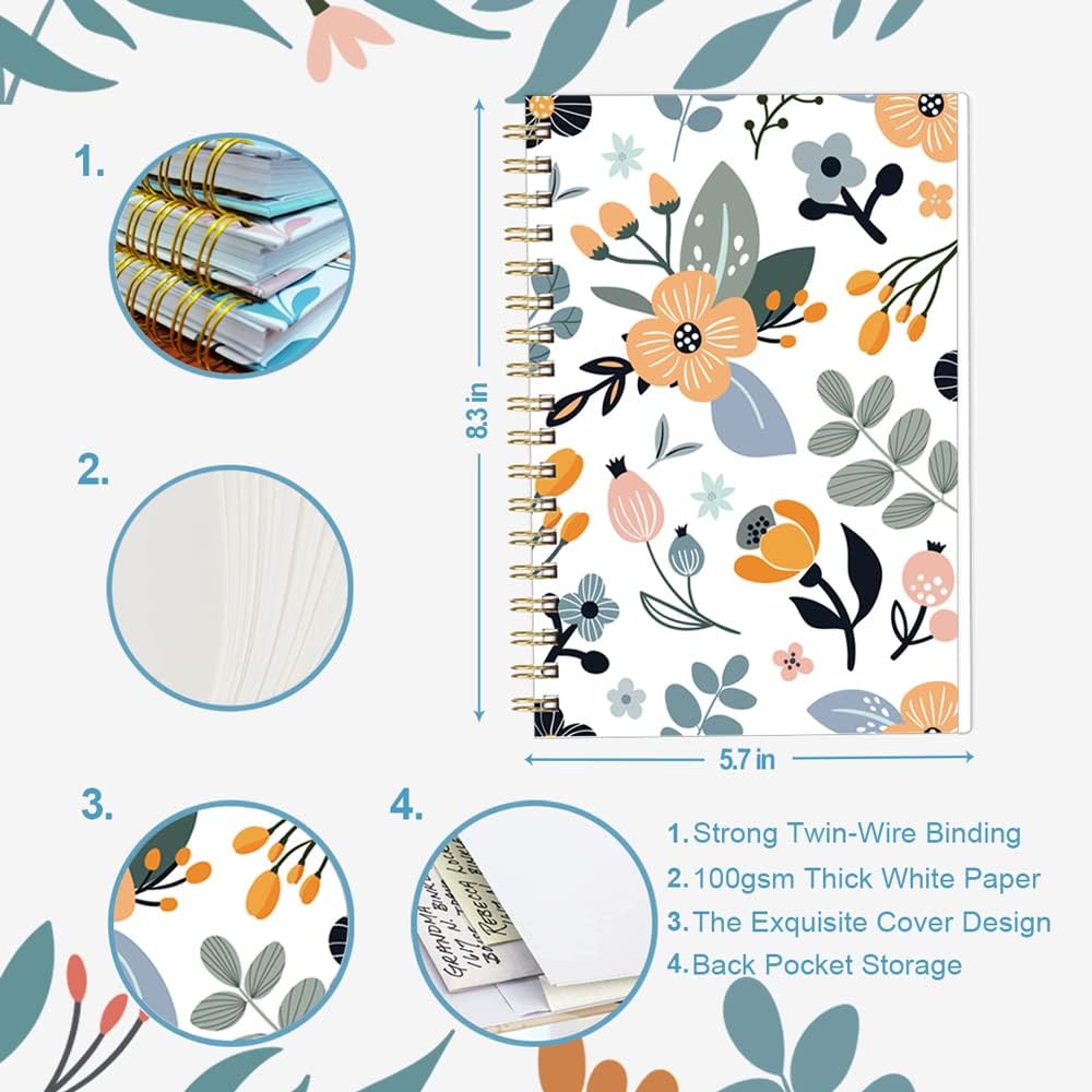 (3-Pack) A5 Blank Notebook - 70 Sheets/140 Pages Per Blank Paper Notebook, 100 GSM Thick White Paper, 5.8" x 8.3" Spiral Blank Journal, Flowers