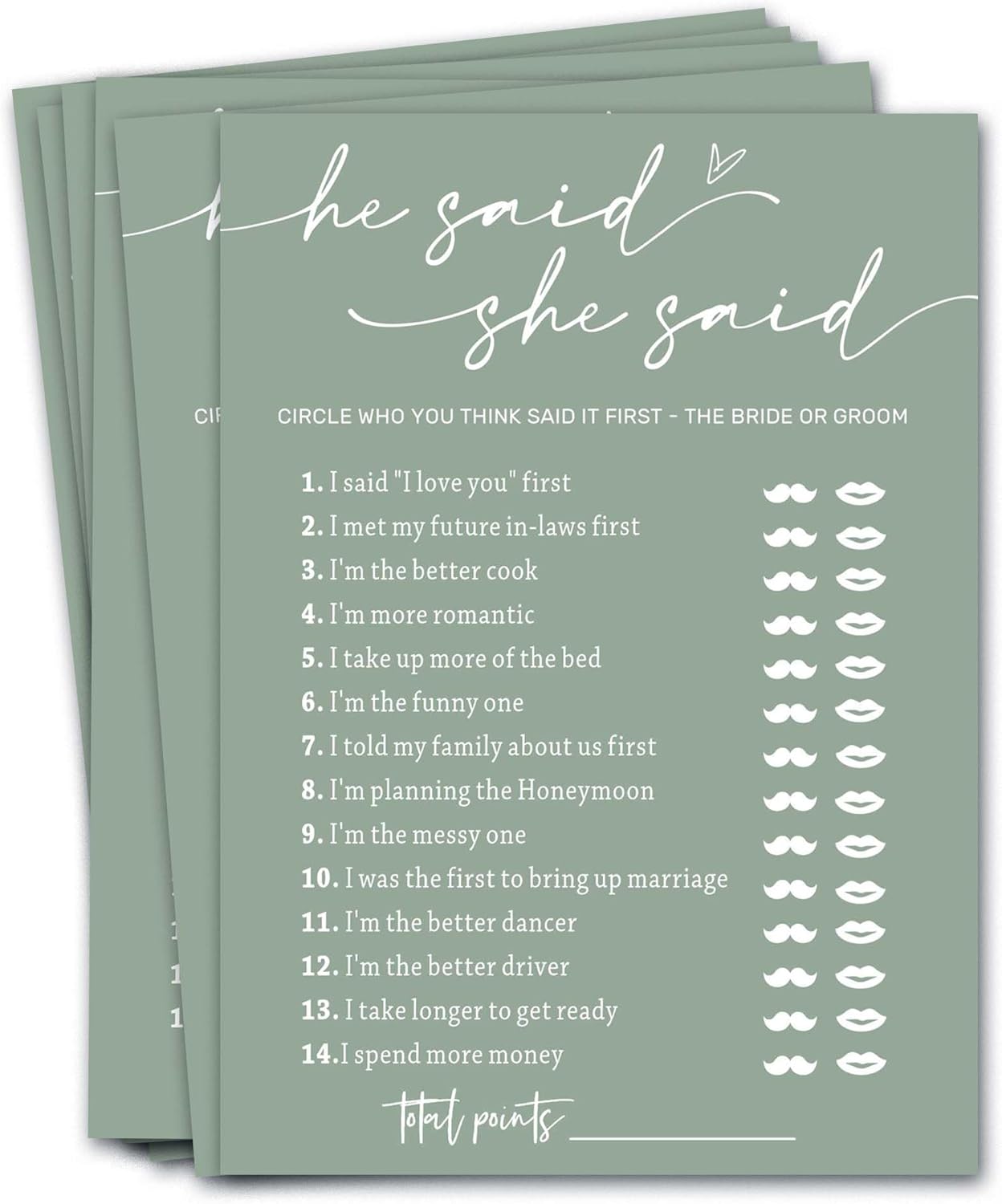 Minimalist Green Wedding Party Supplies: 25 Guest Bridal Shower Games - Engagement Party Cards