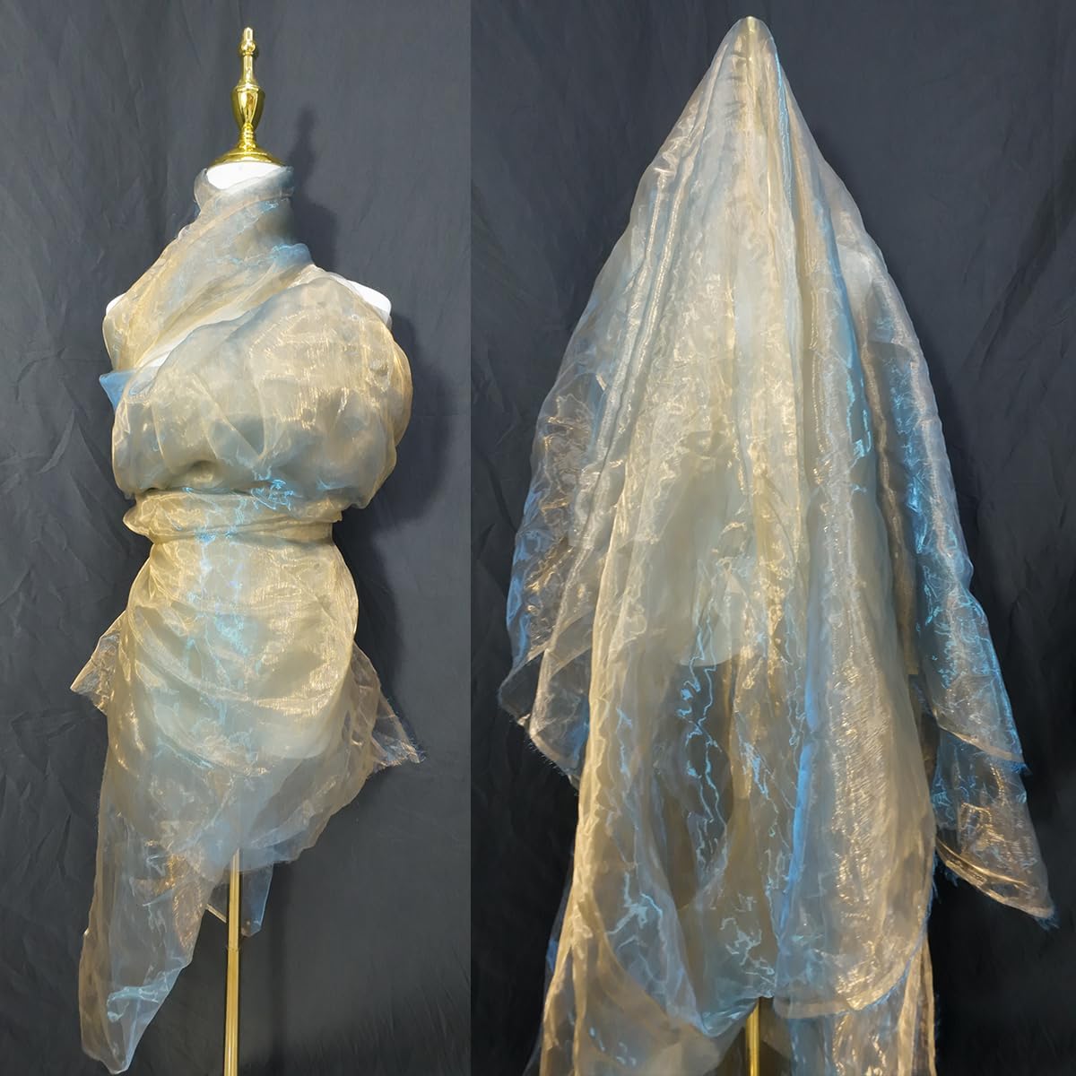 Two-Tone Iridescent Holographic Organza Fabric - 5.5 Yards by The Yard | Lightweight Sheer Tulle | for Wedding Dresses, Party Decor, DIY Crafts, Shiny Backdrops(Orange-Gold & Blue Sheen)