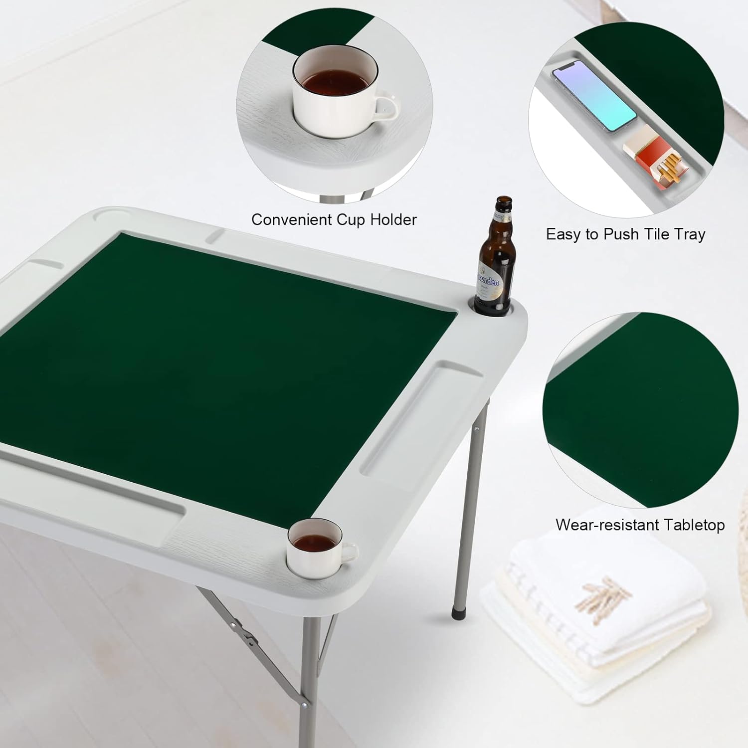PEXMOR 35" Foldable Mahjong Table, 4 Player Card Game Table w/Cup Holders & Chip Grooves, Portable Folding Poker Domino Board Game Table for Blackjack, Texas Hold'em, Jigsaw Puzzles Game