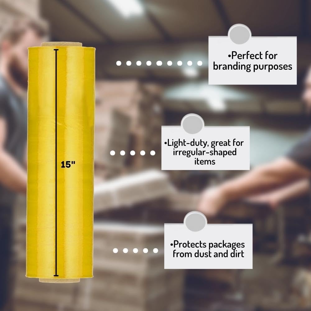 PSBM Yellow Stretch Wrap, 15 Inch x 1476 Feet, 8 Pack, Tinted Pre-Stretched Shrink Wrap Film for Moving, Packaging, Pallet Wrapping