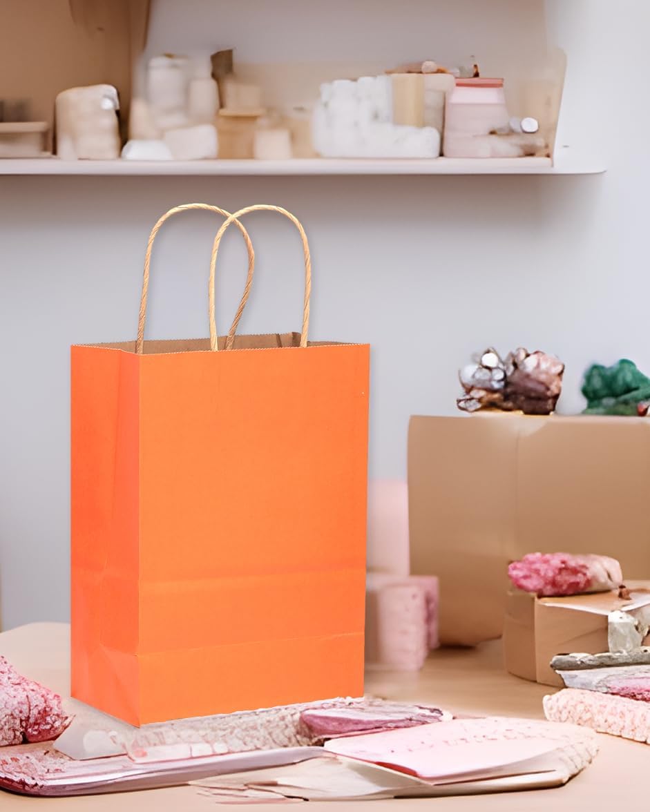 qiqee 60 pcs Kraft Bags with Handles 7.6"x4.75"x10.5" Medium Gift Paper Bag Orange Solid Color Bags