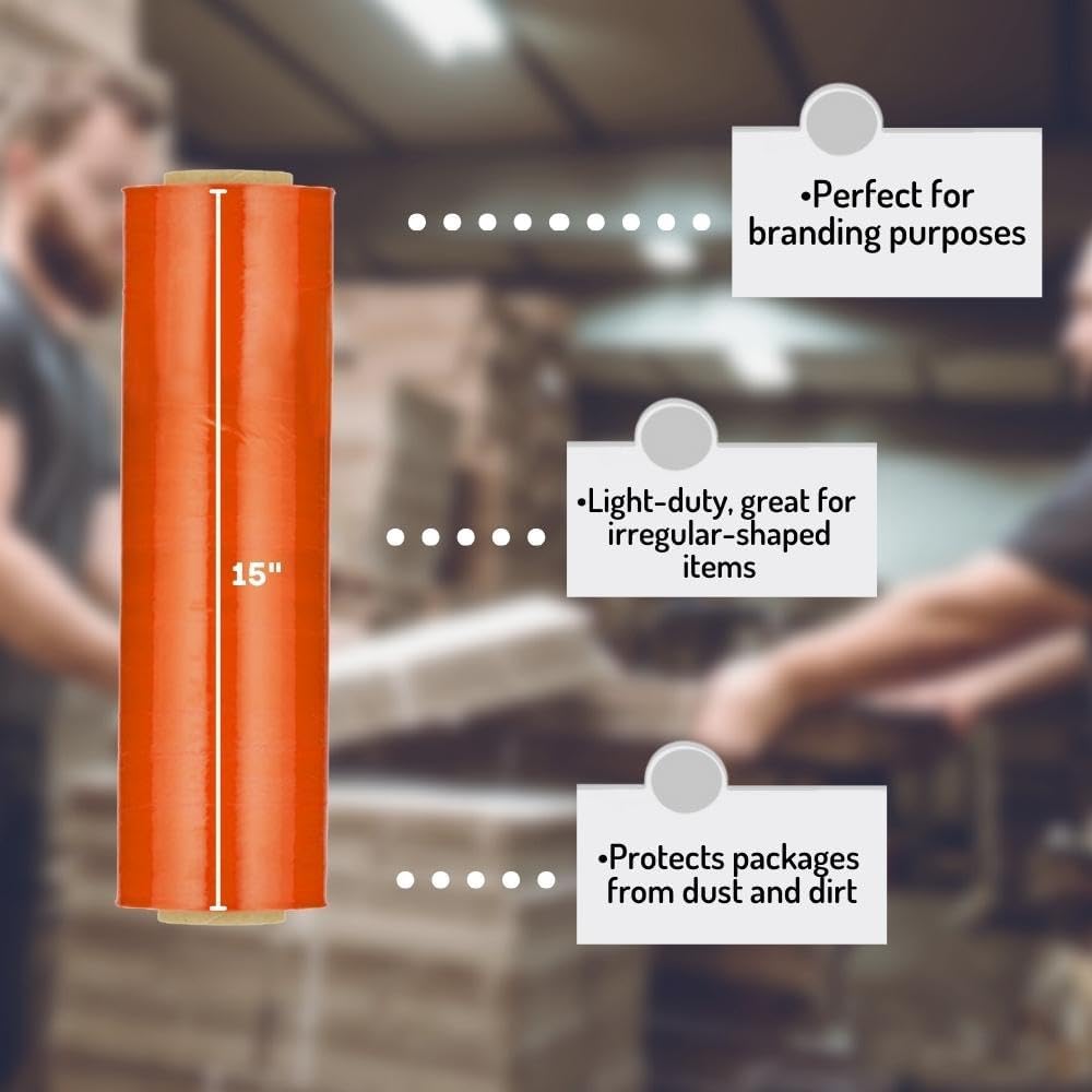 PSBM Orange Stretch Wrap, 15 Inch x 1476 Feet, 8 Pack, Tinted Pre-Stretched Shrink Wrap Film for Moving, Packaging, Pallet Wrapping