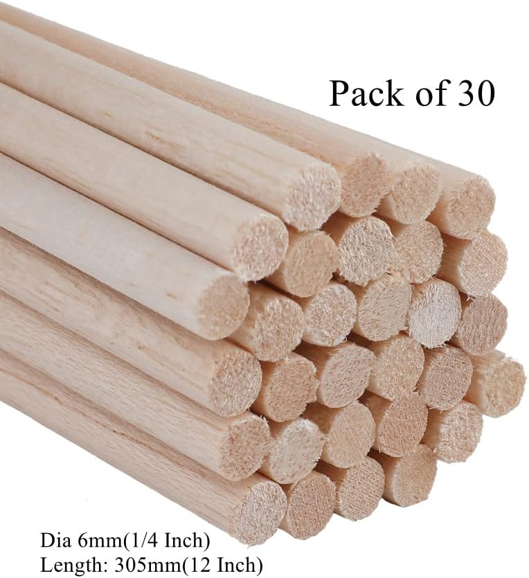 30 Pack Round Wood Dowel Rods 1/4x1/4x12 Inch Balsa Wood Sticks φ1/4 Inch Natural Wood Color Unfinished Wood for Cricut Maker Make Models of House Airplane Ship Boat DIY Wooden(6x6x305mm)