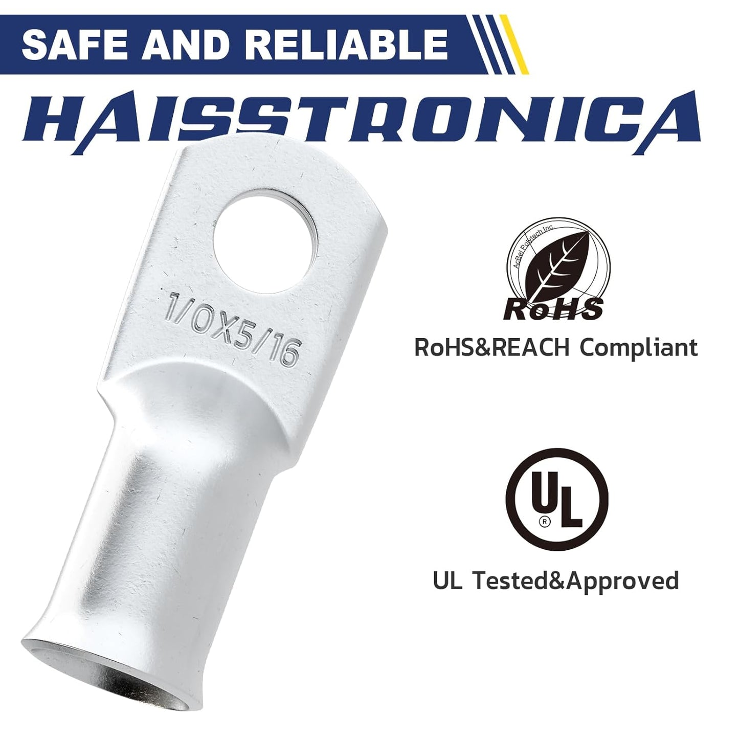 Haisstronica 10pcs 1/0 AWG - 5/16"(M8) Tinned Copper Battery Lugs,Heavy Duty Copper Wire Lugs with 10pcs 3:1 Adhesive Heat Shrink Tubing, 0 Gauge Wire Lugs, Tinned Copper Battery Cable Ends
