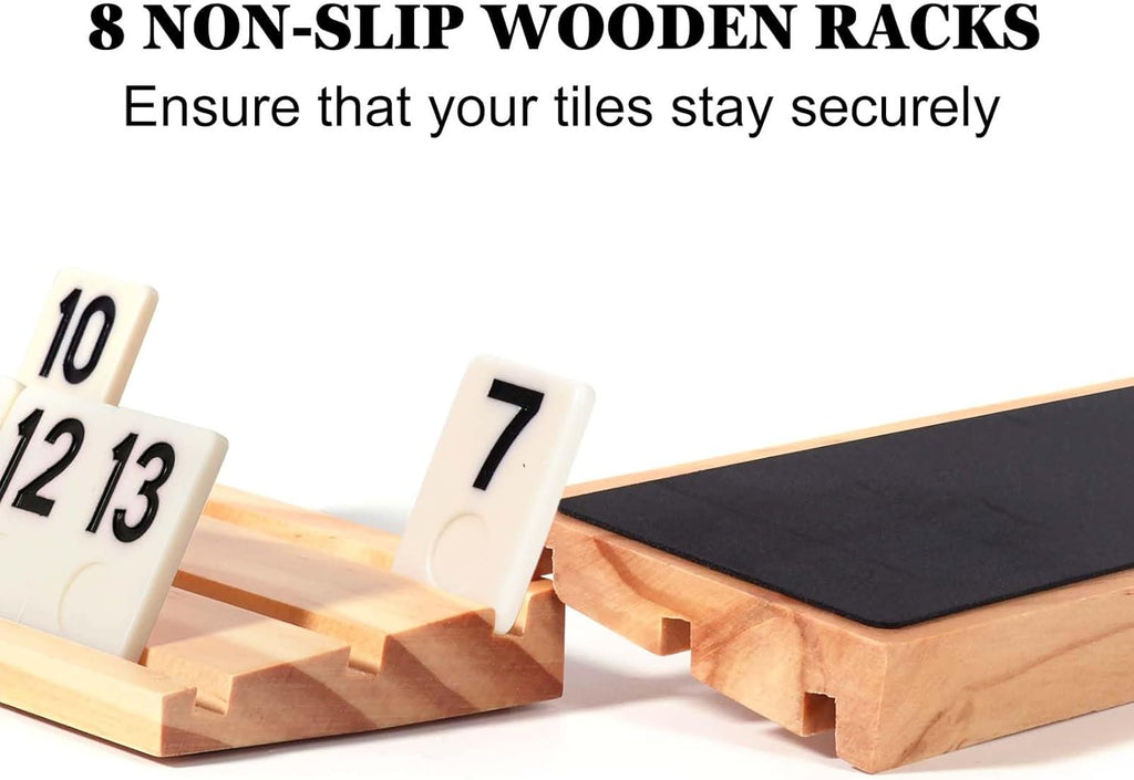 Upgraded 6-8 Players Rummy Cube Board Game Set with 8 Wooden Racks, 214 Tiles, Portable Case, Drawstring Bag and Dice, for Adults Friends Night Gifts Travel Party Sharpens Brain