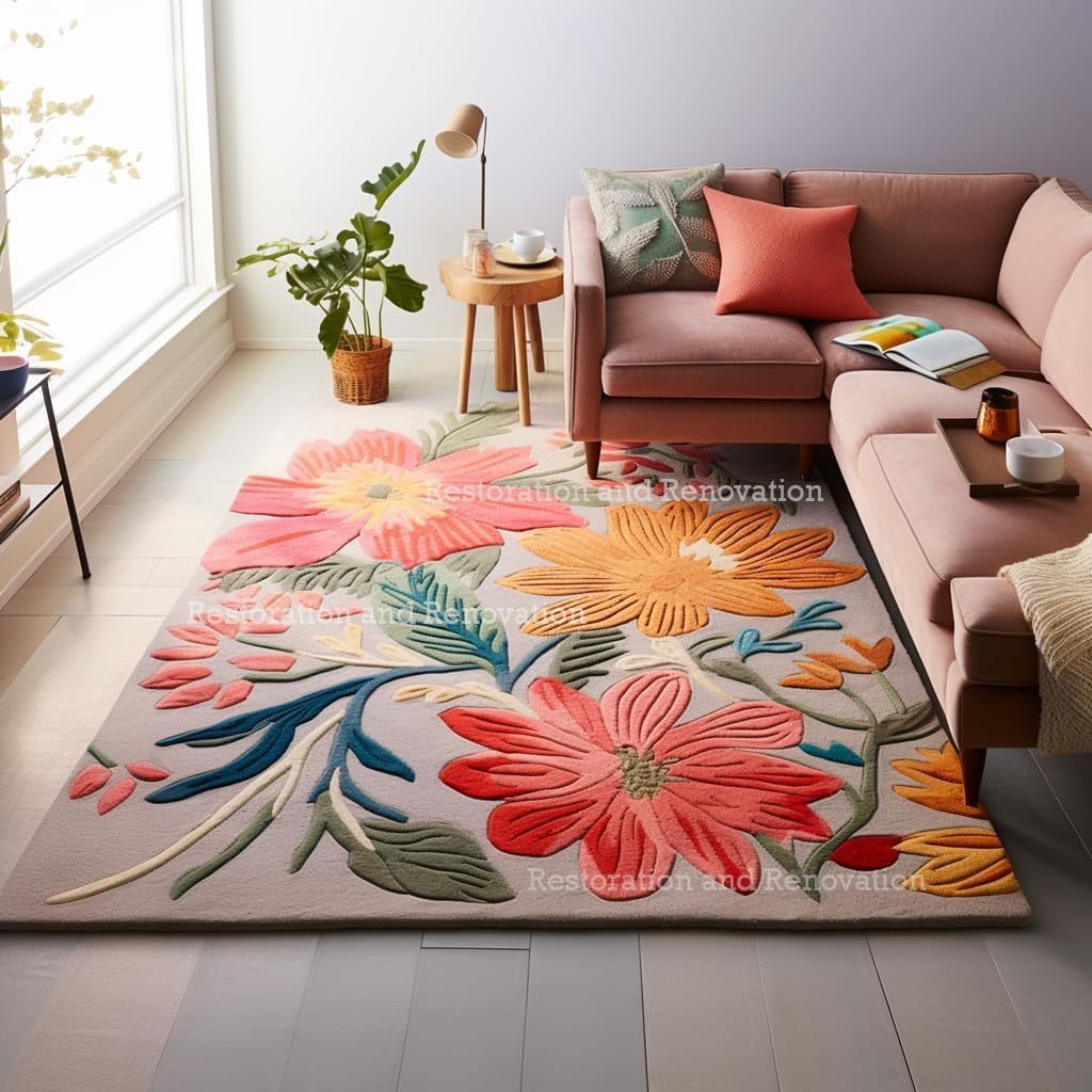 Handmade Wool Floral Area Rug for Living Room | Elegant Flower Garden Design, Soft, Thick and Durable | Bedroom, Dining Room & Home Decor Carpet (8' x 11', Floral A)