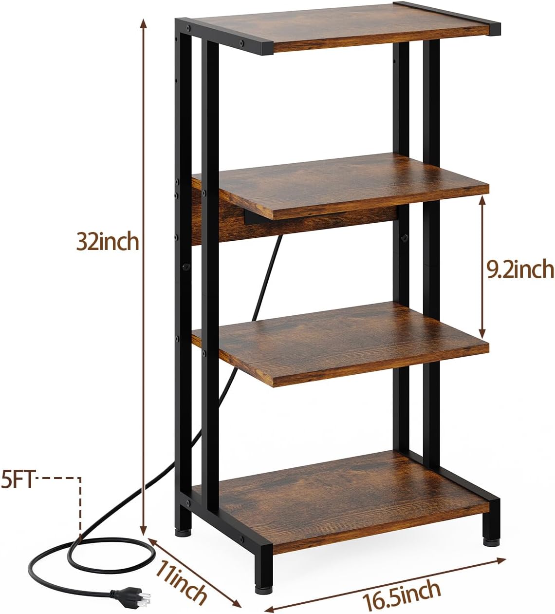 X-cosrack 4-Tier AV Media Stand with Power Strips, Wooden Corner Shelf Component Cabinet Stereo Audio Rack Stand Tower Perfect for DVD Players:Game Console:TV Box:Cable Box:Xbox:WiFi Router