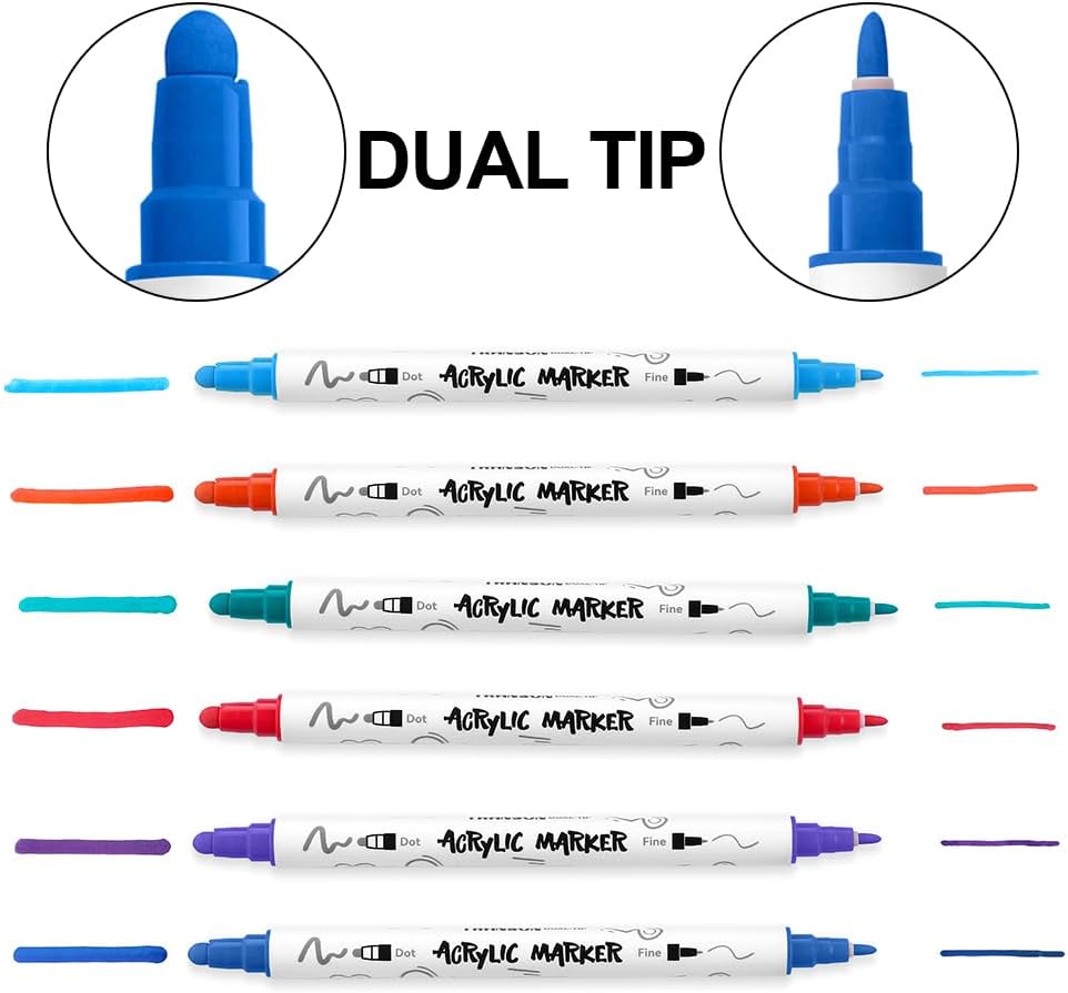 TRANSON 12 Color Bold and Fine Dual-tip Acrylic Paint Pen Set for Canvas Rock Wood Leather Ceramic DIY Painting