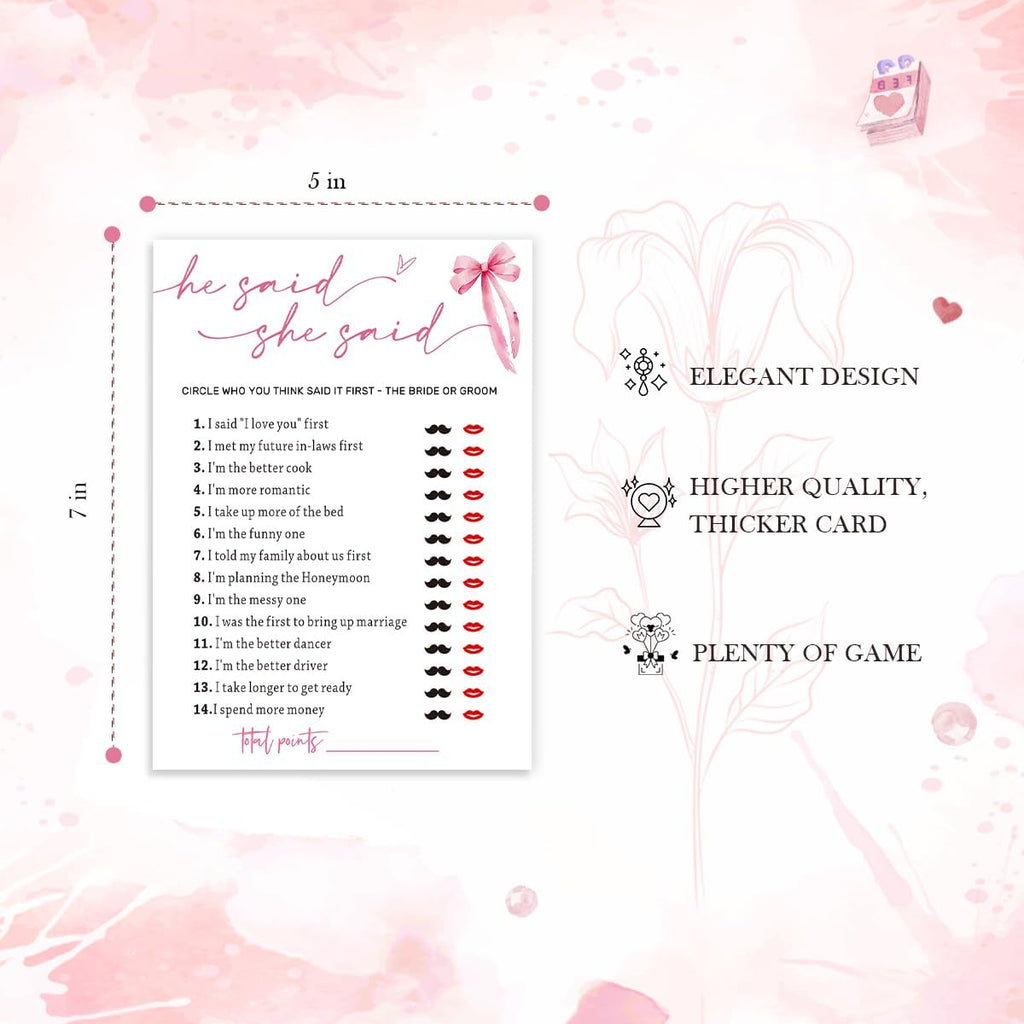 Wedding Shower Games Cards, Guest Who Said It, He Said She Said Game Cards, Bridal Shower Games 25 Guests, Engagement Party Wedding Games for Guests, Pink Ribbon Bow Wedding Party Supplies - E07