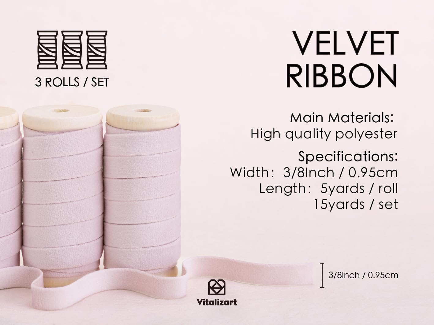 Vitalizart Pink Velvet Ribbon Set 3/8" x 15 Yd Wooden Spool Fabric Trim 3 Rolls * 5 Yd for Christmas Wreath Decoration Handmade Craft Ornaments Gift Wrapping & Bow Making