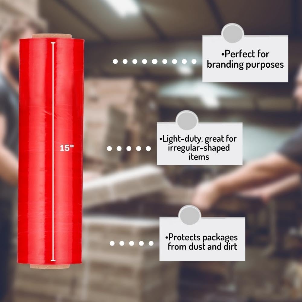 PSBM Red Stretch Wrap, 15 Inch x 1476 Feet, 4 Pack, Tinted Pre-Stretched Shrink Wrap Film for Moving, Packaging, Pallet Wrapping