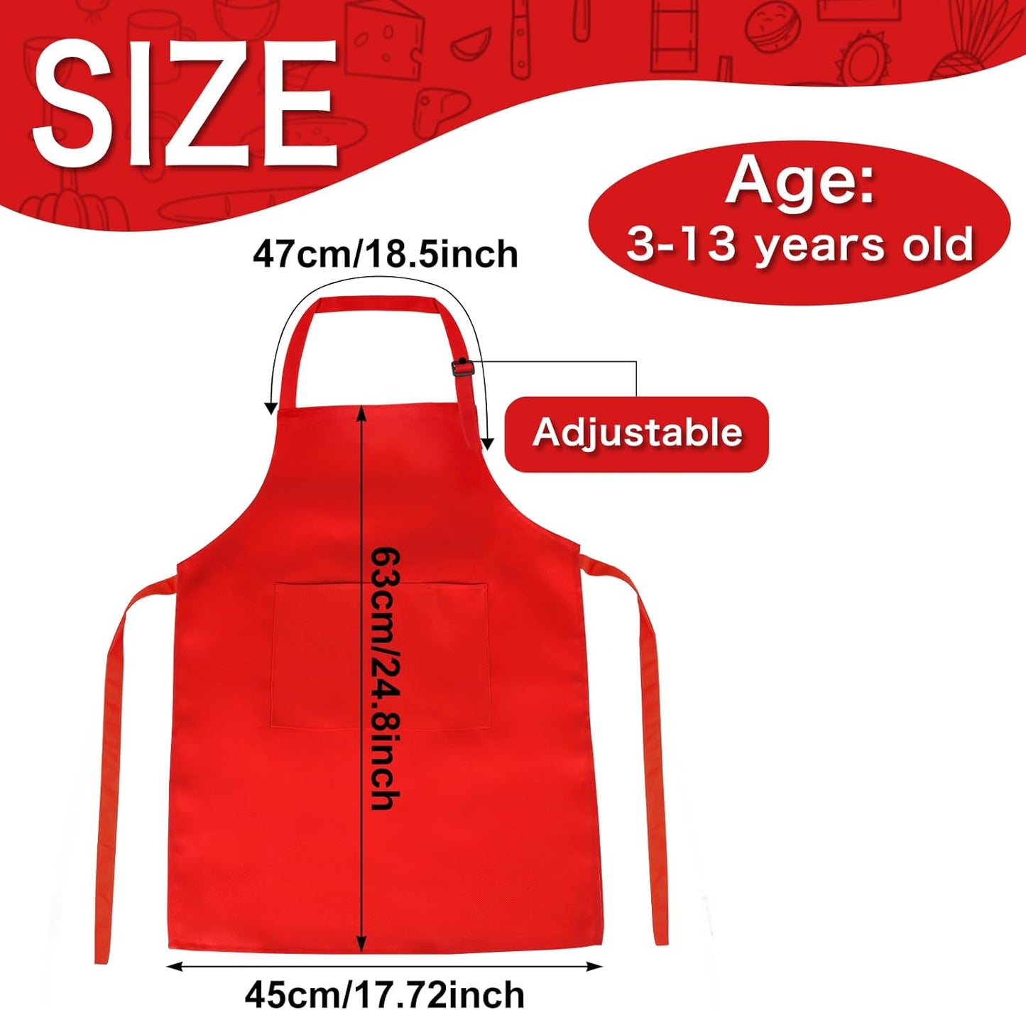 PLULON 12 Pcs Aprons for Kids Adjustable Kids Red Apron Bulk with Pocket Painting Aprons For Boys Girls Painting Cooking Baking (Red)