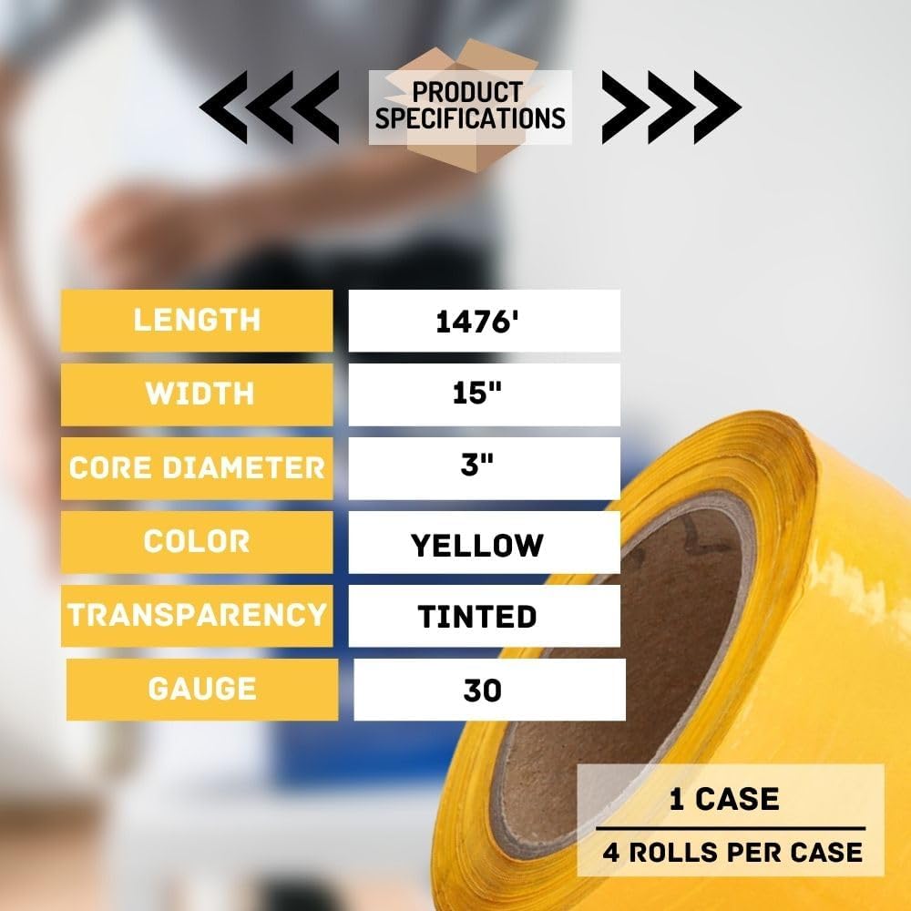 PSBM Yellow Stretch Wrap, 15 Inch x 1476 Feet, 4 Pack, Tinted Pre-Stretched Shrink Wrap Film for Moving, Packaging, Pallet Wrapping