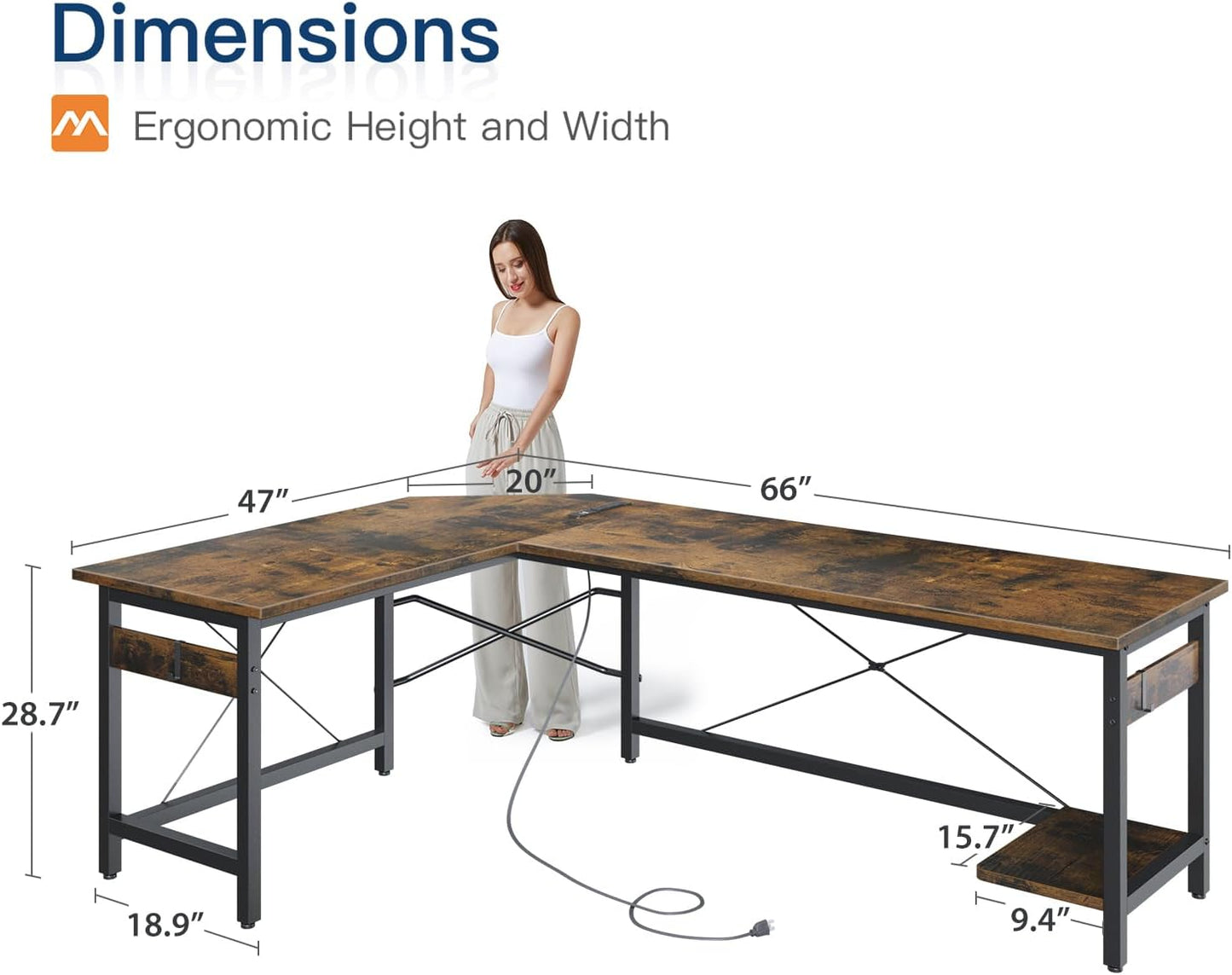 Coleshome 66" L Shaped Gaming Desk with Outlet, L Shaped Desk with CPU Stand, Corner Computer Desk, Home Office Desk, Writing Desk, Vintage