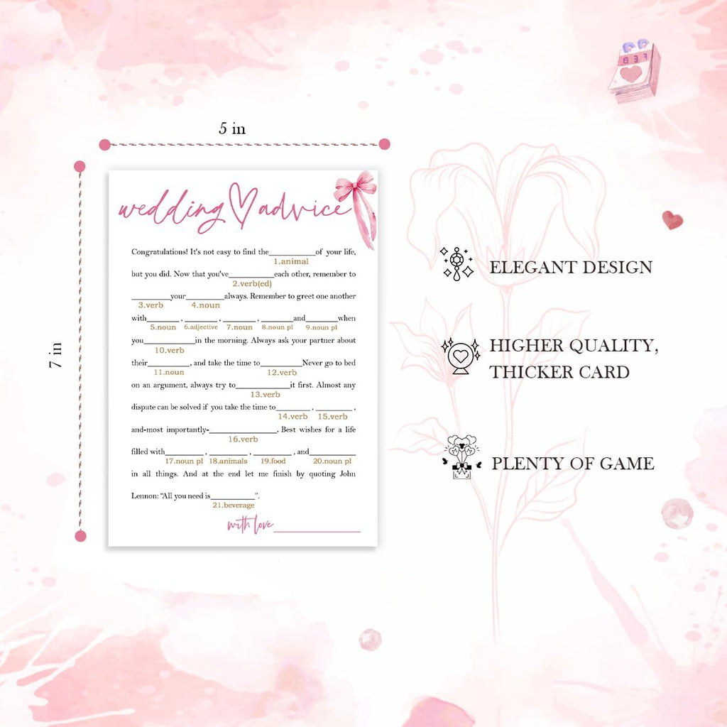 Wedding Shower Games Cards, Wedding Advice Word Game, Bridal Shower Games 25 Guests, Engagement Party Wedding Games for Guests, Pink Ribbon Bow Wedding Party Supplies - E06