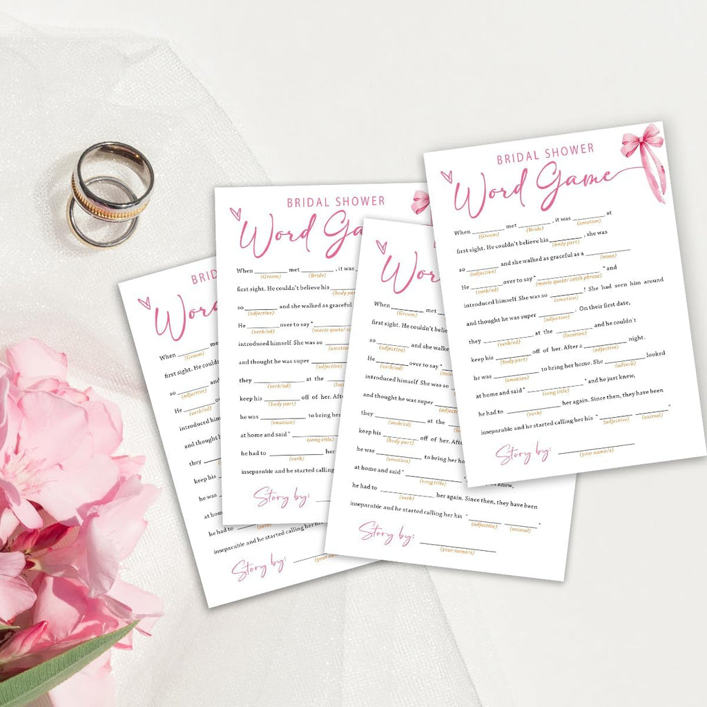 Wedding Shower Games Cards, Bridal Shower Word Game, Bridal Shower Games 25 Guests, Engagement Party Wedding Games for Guests, Pink Ribbon Bow Wedding Party Supplies - E16