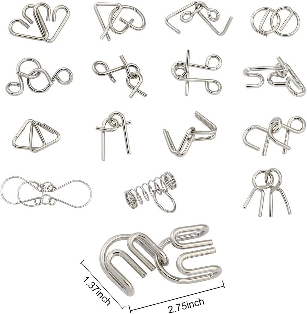 IQ Toys-AB A+B Test Mind Game Brain Teaser Wire Magic Trick Toy IQ Puzzle Set (Pack of 16), Metallic