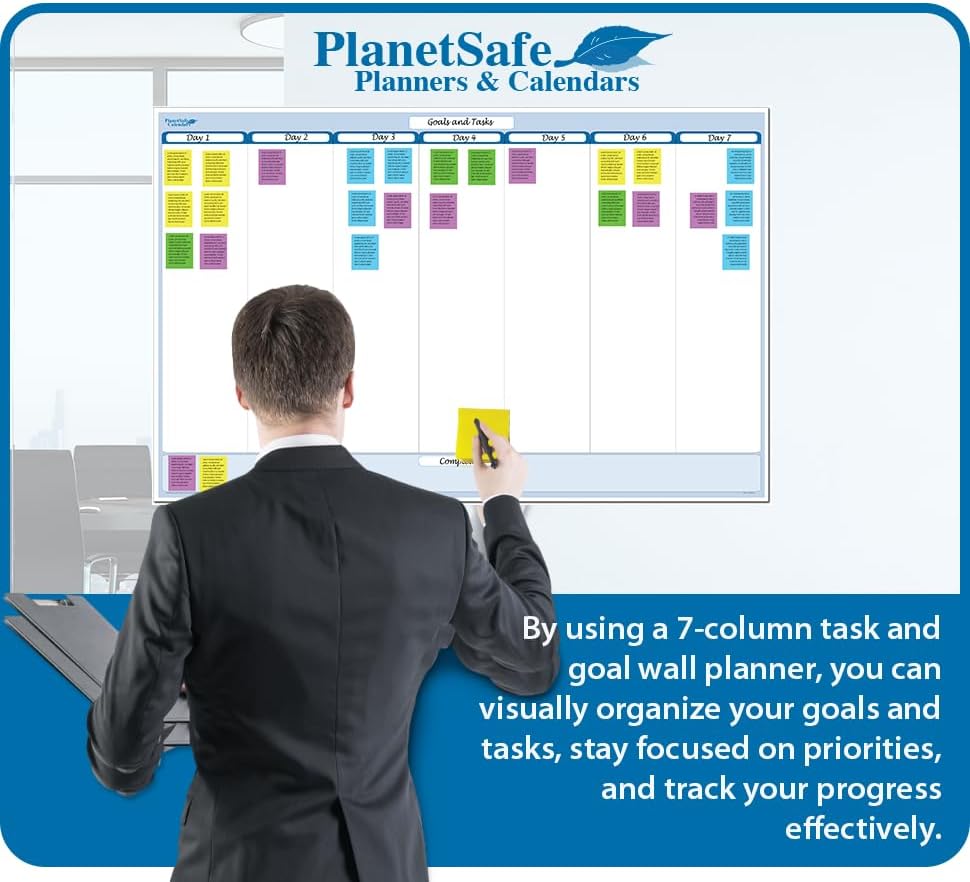 Sky Blue 7-Column Task, Goals & Objective Wall Horizontal Organizer 36" x 56". Complete with Marker