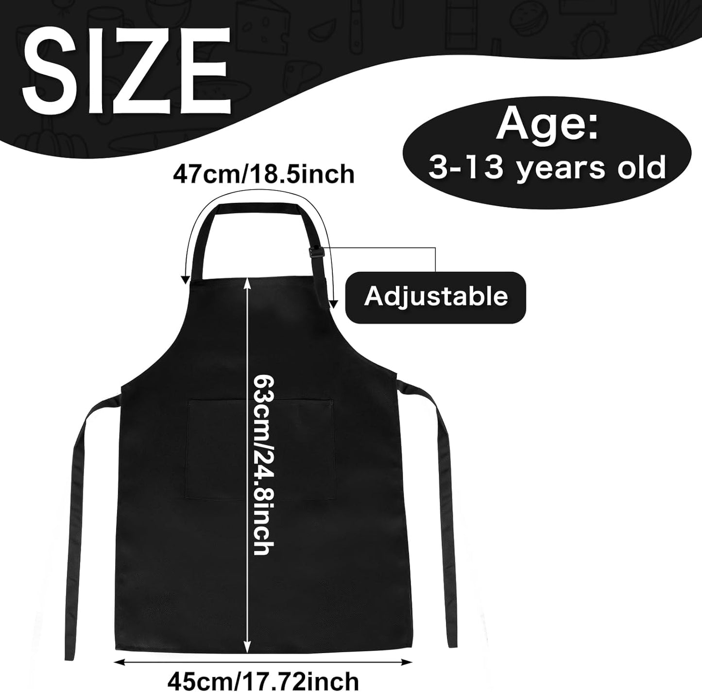 PLULON 20 Pcs Kids Apron Adjustable Kids Chef Apron Set with 2 Pocket for Painting Cooking Baking Grilling Crafting (Black)