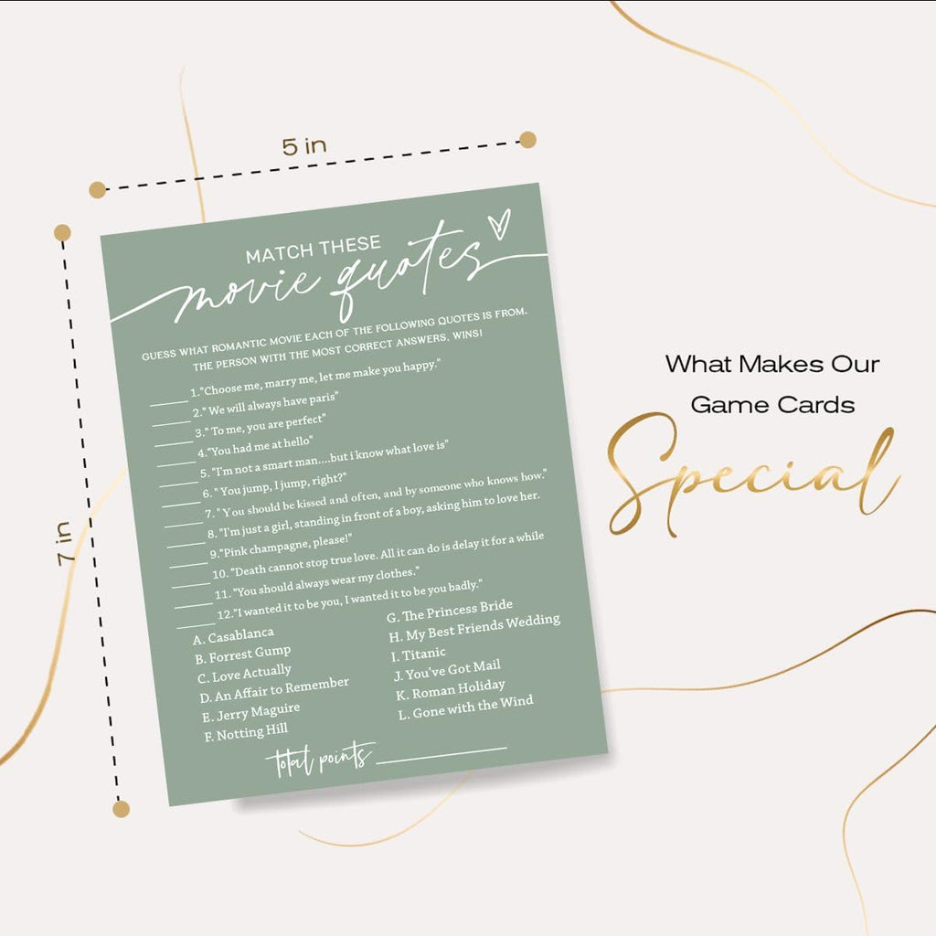 Bridal Shower Games Cards, Match These Movie Quotes, 25 Game Cards with 1 Answer Card, Engagement Party Wedding Games for Guests, Minimalist Green Wedding Party Supplies - C09